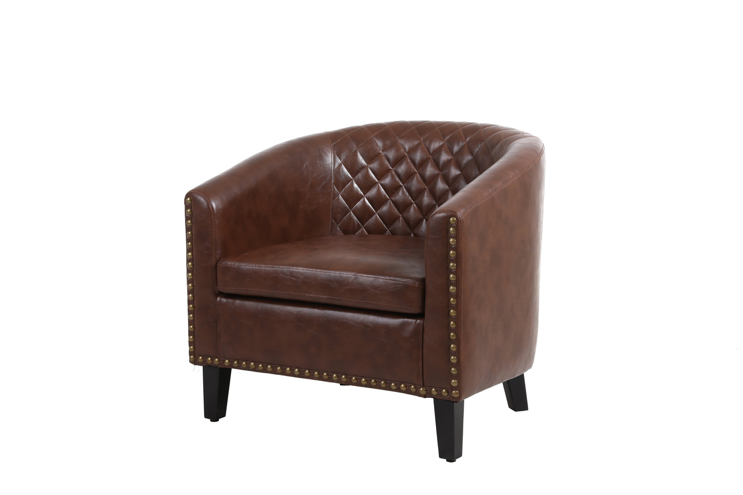 Accent Barrel Chair with Nailheads and Solid Wood Legs - Brown PU Leather - COOLMORE Living Room Chair