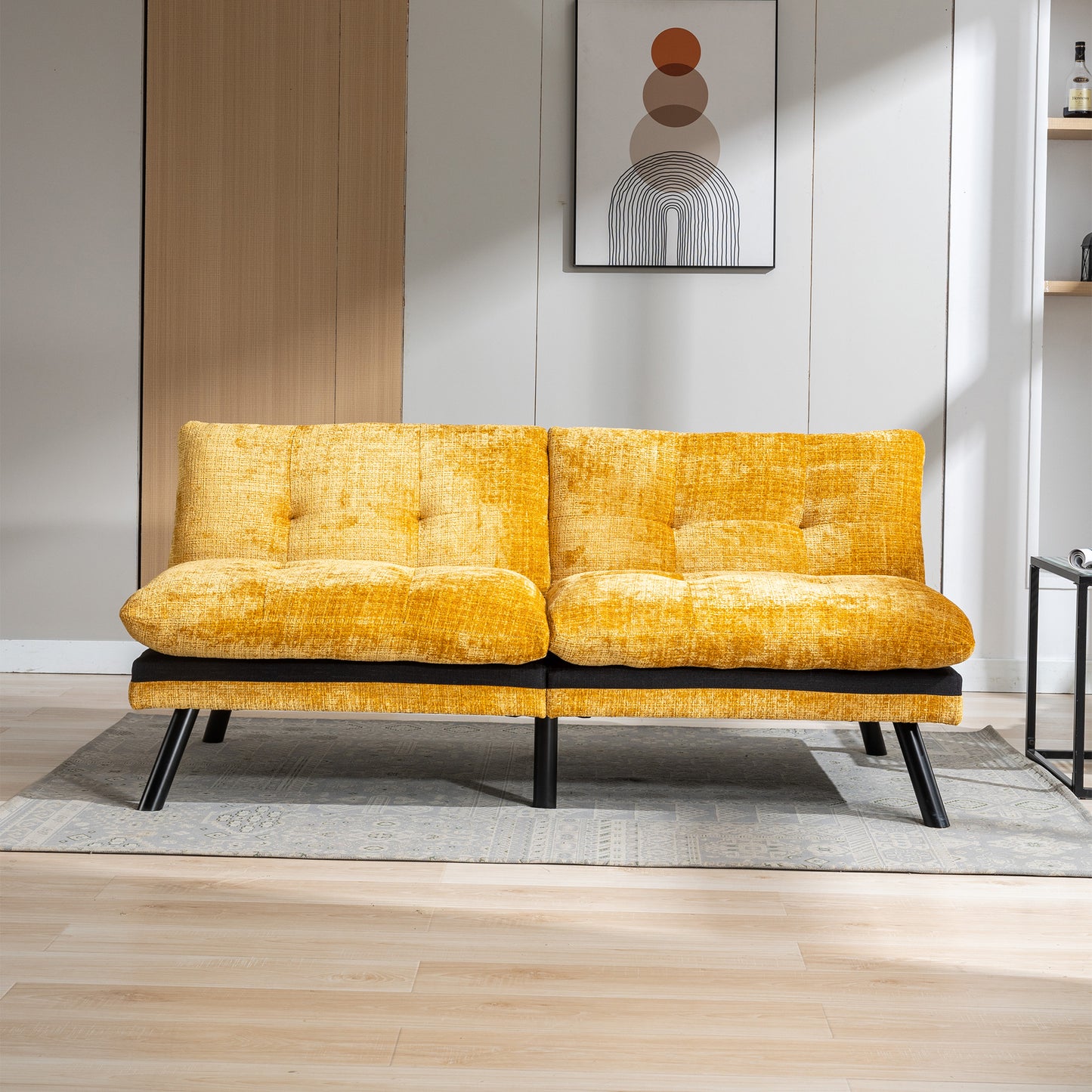 Convertible Sofa Bed Loveseat Futon Bed Adjustable Lounge Couch with Metal Legs, Breathable Chenille-Yellow. Perfect for Compact Living Spaces.