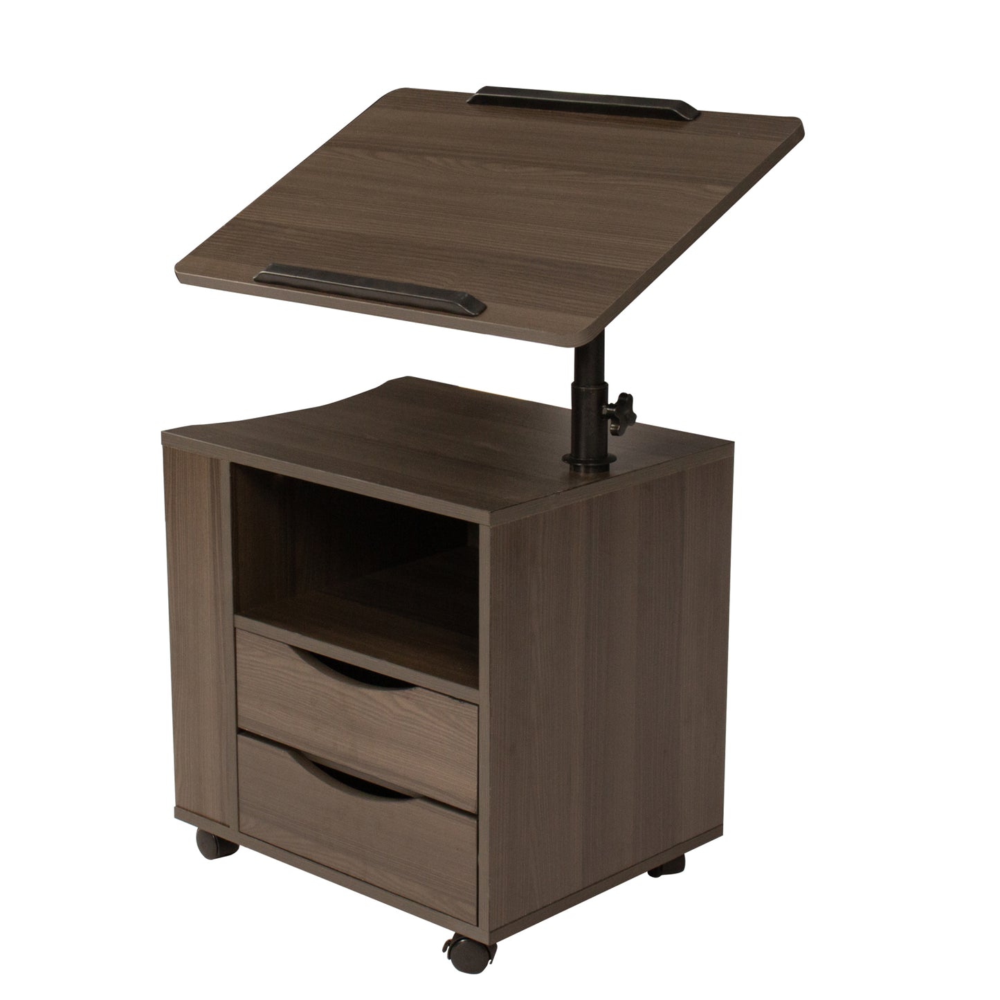 Height Adjustable Overbed End Table Wooden Nightstand with Swivel Top, Storage Drawers, Wheels and Open Shelf, (Black oak)