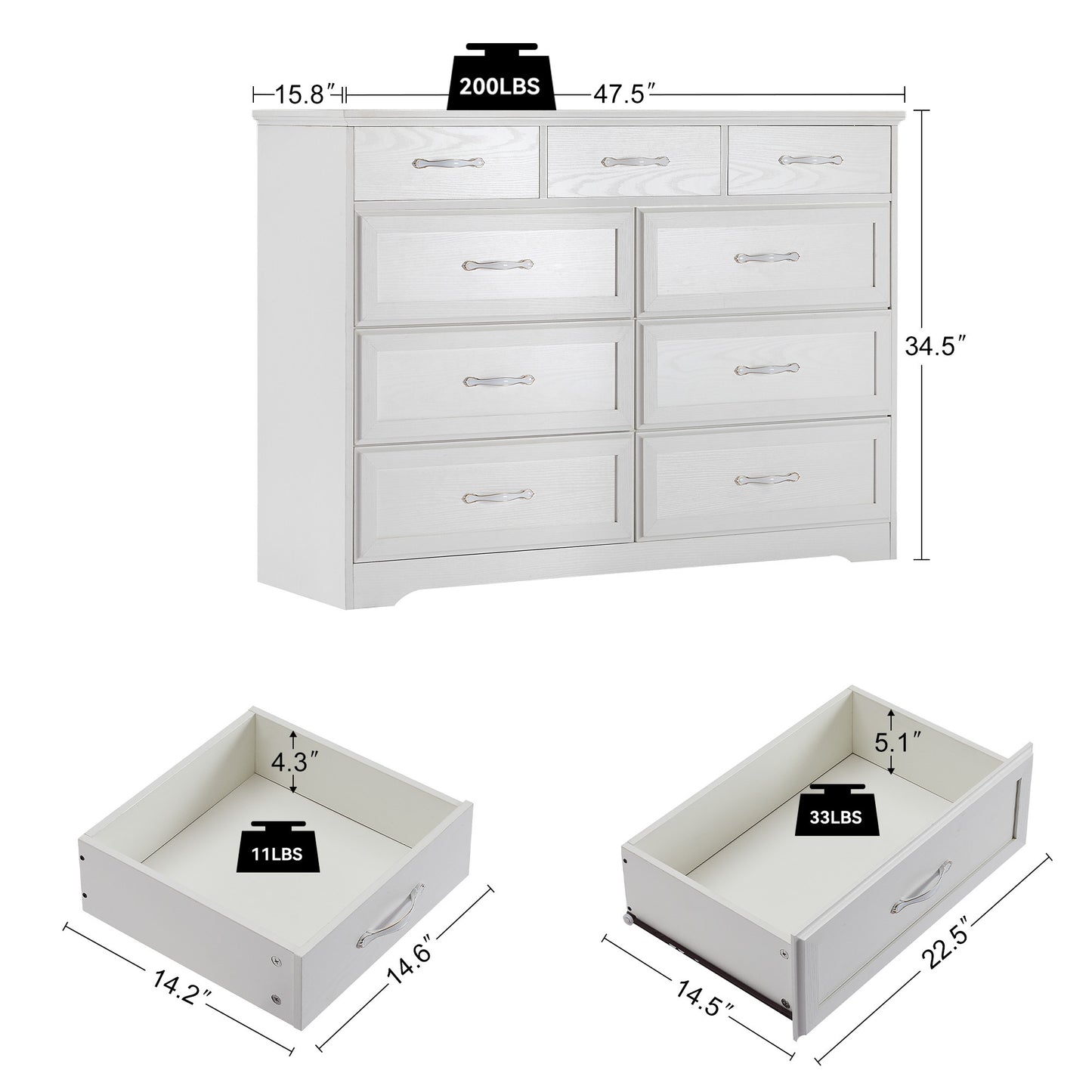 9 Drawer Long Dresser with Antique Handles Wood Chest of Drawers