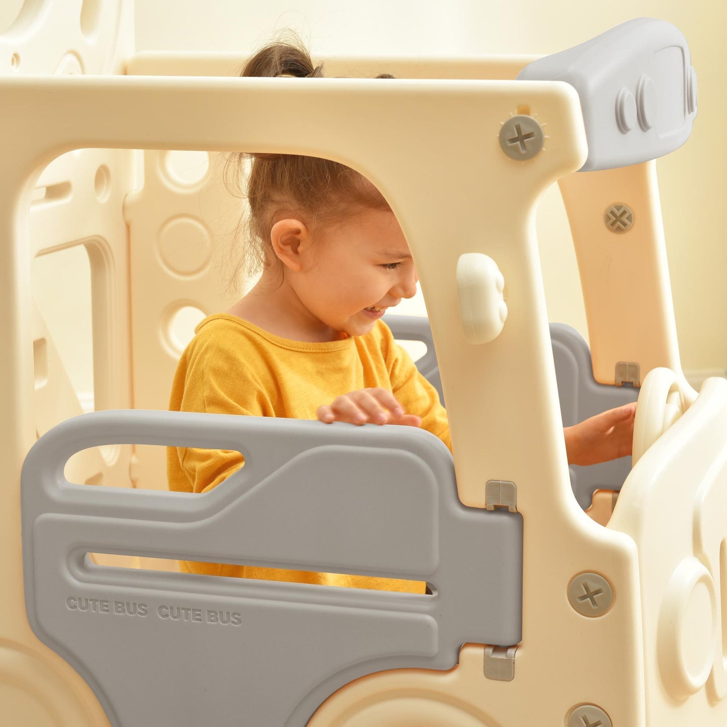 Kids Slide Playset Structure 9 in 1: Freestanding Castle Climbing Crawling Playhouse with Slide, Arch Tunnel, Ring Toss, Bus Model, Basketball Hoop & Toy Storage Organizer for Toddlers