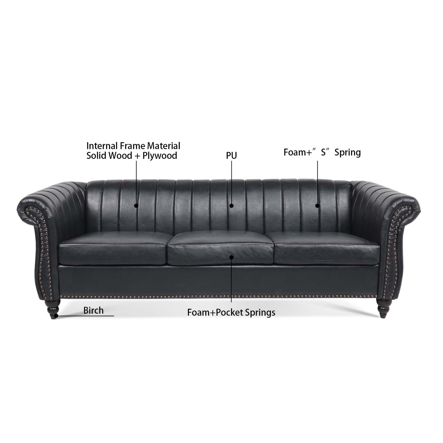 83.46'' Black PU Rolled Arm Chesterfield Three Seater Sofa: Elegant, Comfortable, and Spacious