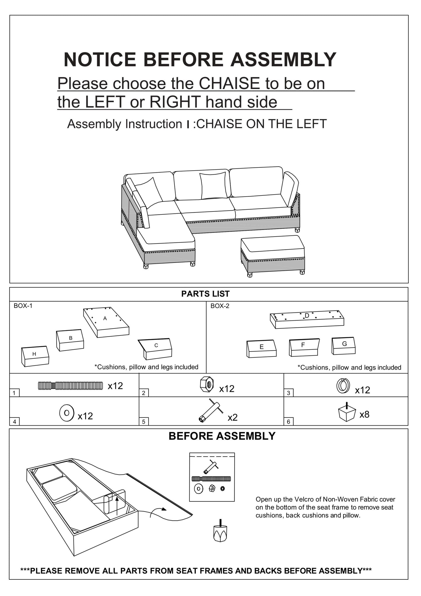 3-Pcs Black Polyfiber Sectional Sofa with Reversible Chaise & Ottoman - Cushion Sofa, Pillows Included