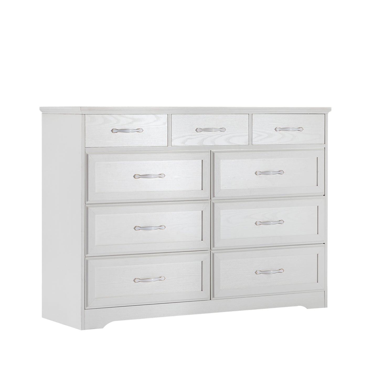 9 Drawer Long Dresser with Antique Handles Wood Chest of Drawers