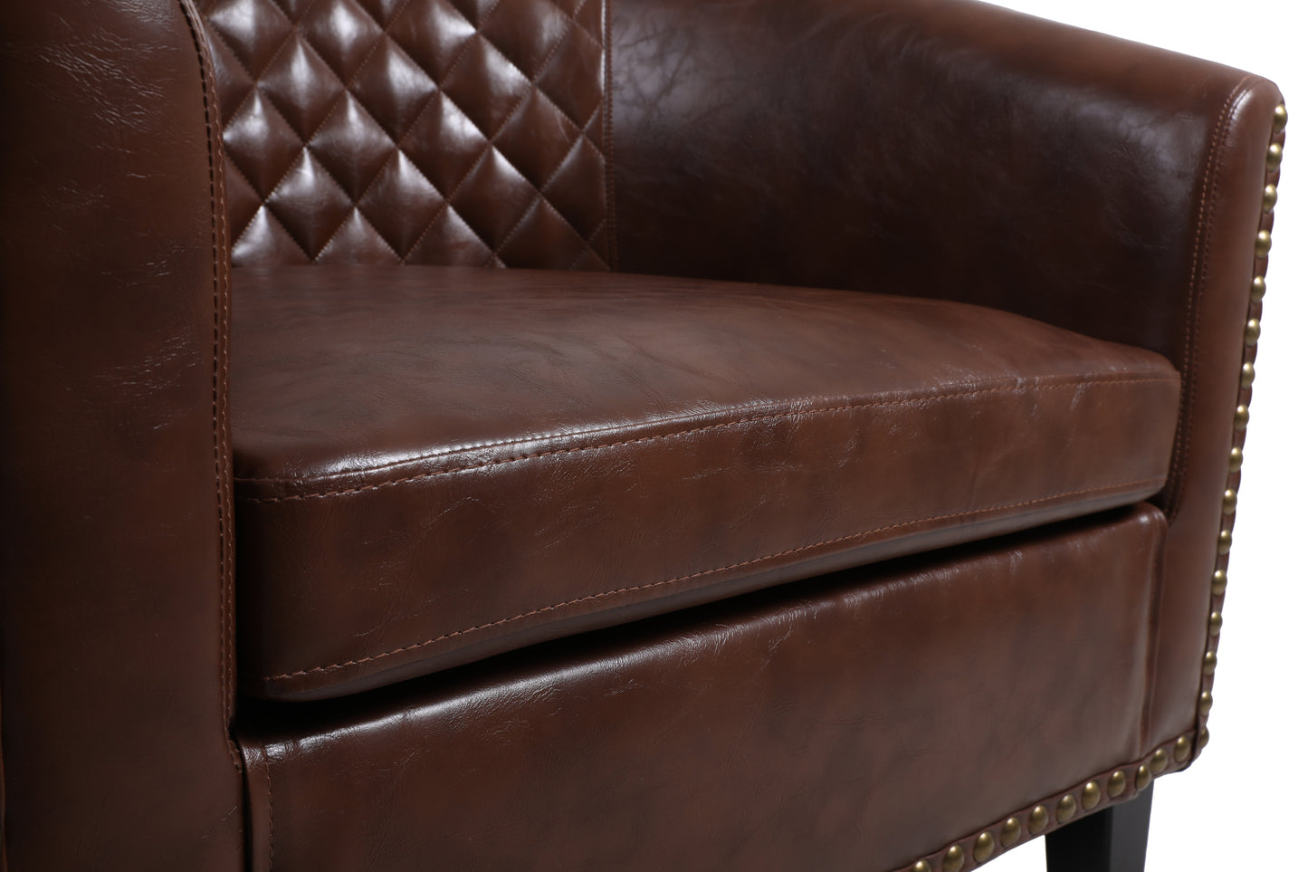 Accent Barrel Chair with Nailheads and Solid Wood Legs - Brown PU Leather - COOLMORE Living Room Chair