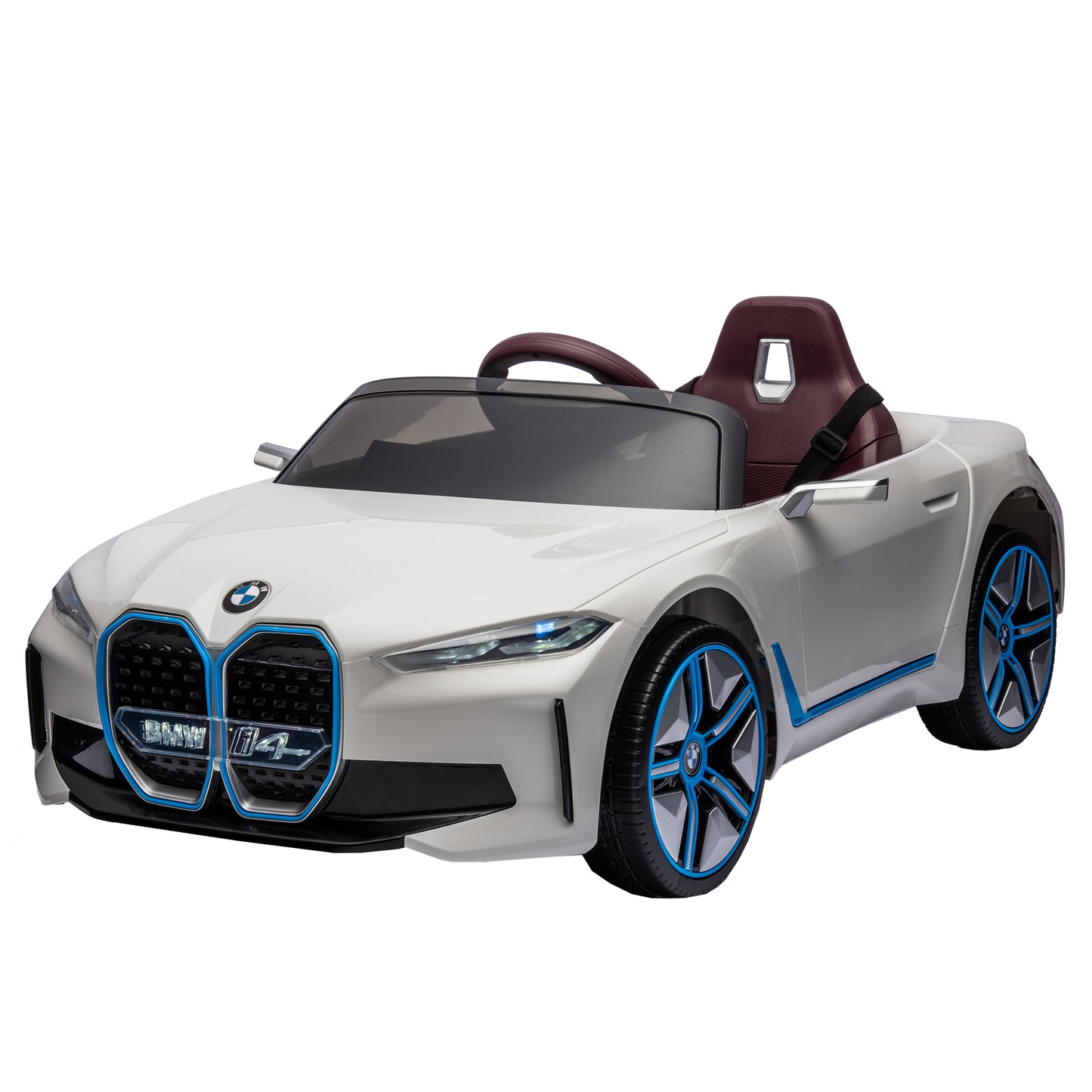 Licensed BMW I4 12V Kids Ride-On Car: 2.4G Remote Control, Electric, 3-Speed, Power Display, USB, MP3, Bluetooth, LED Lights, Safety Belt, Story - Black