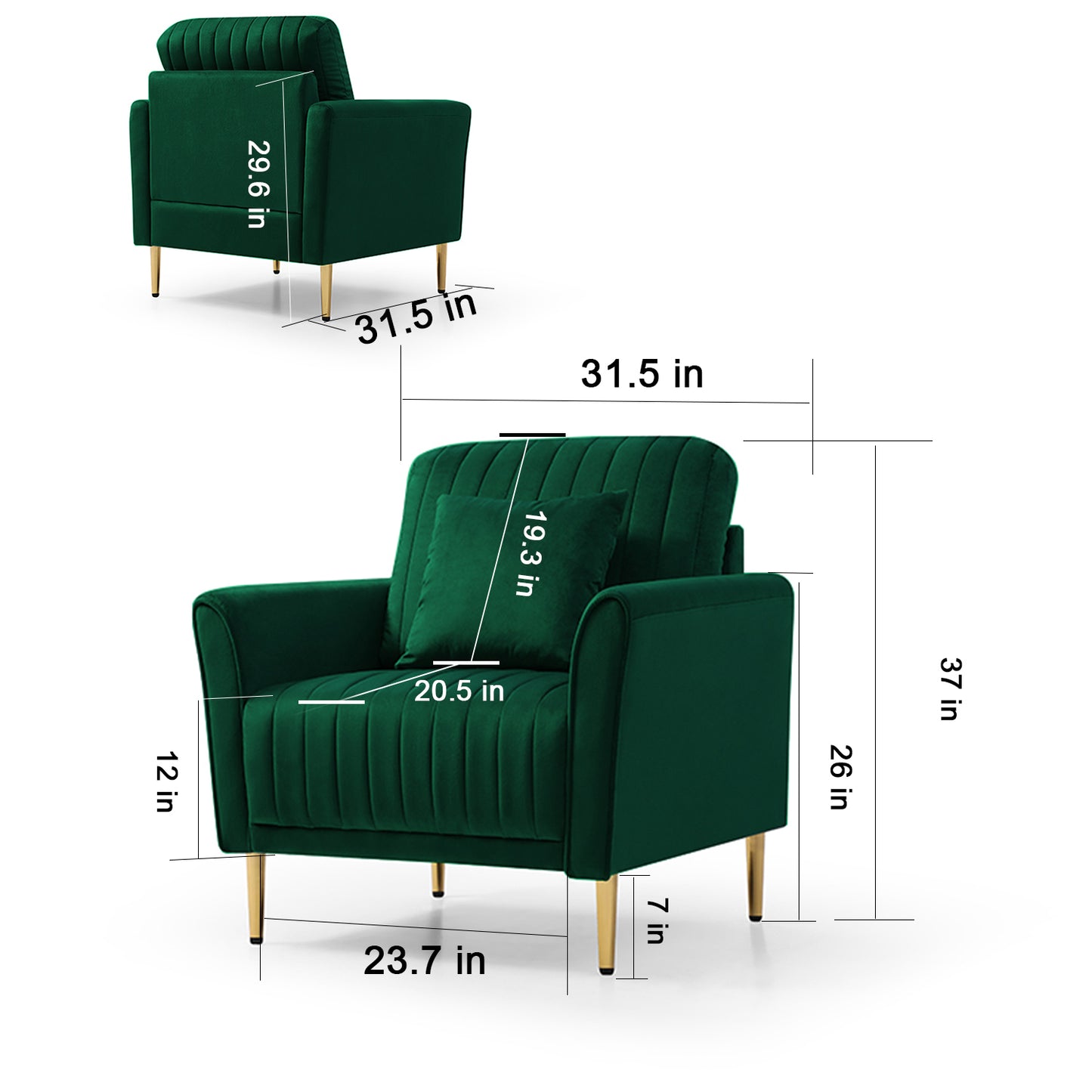 Modern Accent Chair Roll Arm Fabric Chairs, Contemporary Leisure Side Chair, Armchair for Living Room or Bedroom with Metal Legs, Upholstered Single Sofa Club Chair Green