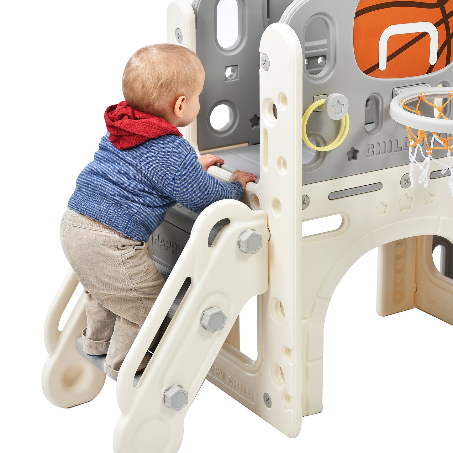 Kids Slide Playset Structure 9 in 1: Freestanding Castle Climbing Crawling Playhouse with Slide, Arch Tunnel, Ring Toss, Bus Model, Basketball Hoop & Toy Storage Organizer for Toddlers
