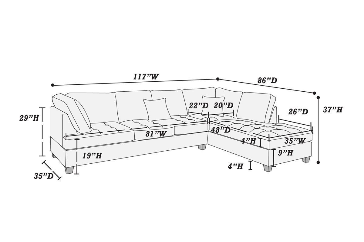 2pc Reversible Chaise Dark Blue Dorris Fabric Sectional Sofa Set: Living Room Furniture Couch