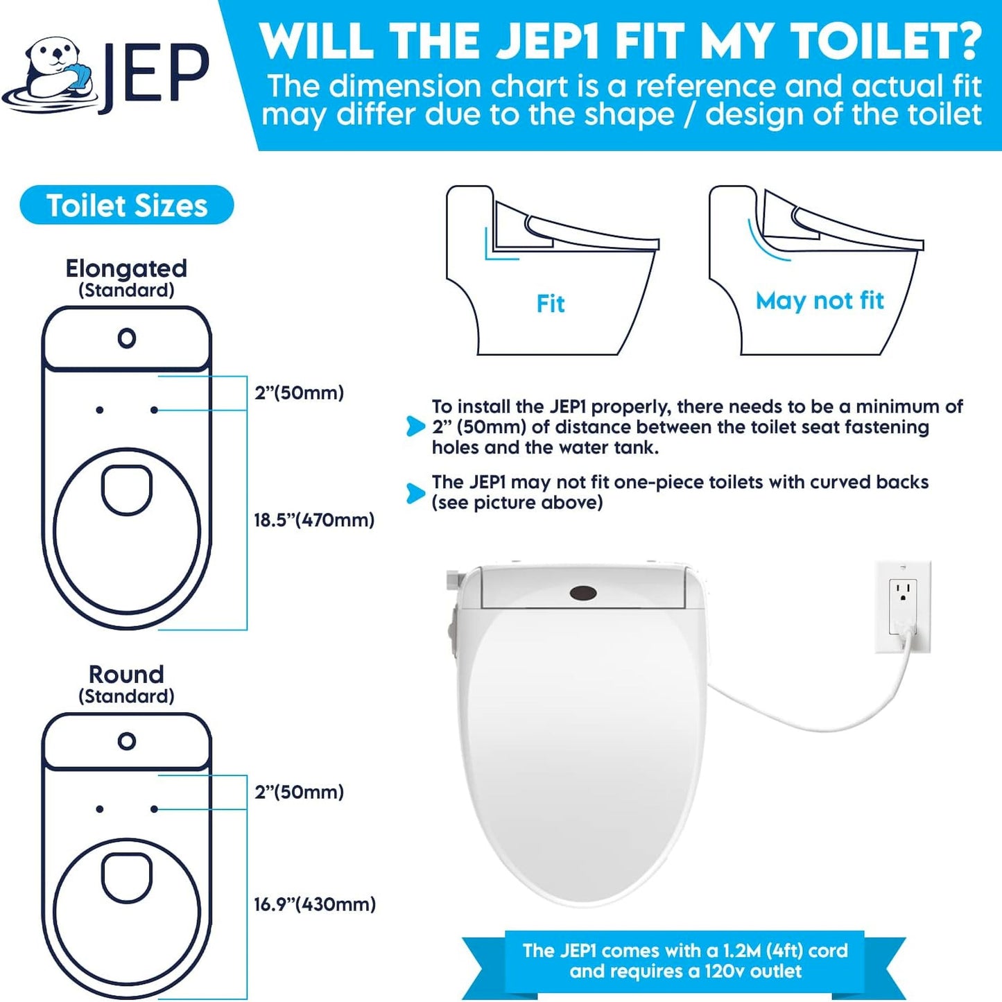 JEP Electric Bidet Toilet Seat for Elongated Toilets & Round Toilets | Premium Bidets for Existing Toilets with Warm Water, Heated Seat, and a Remote Control
