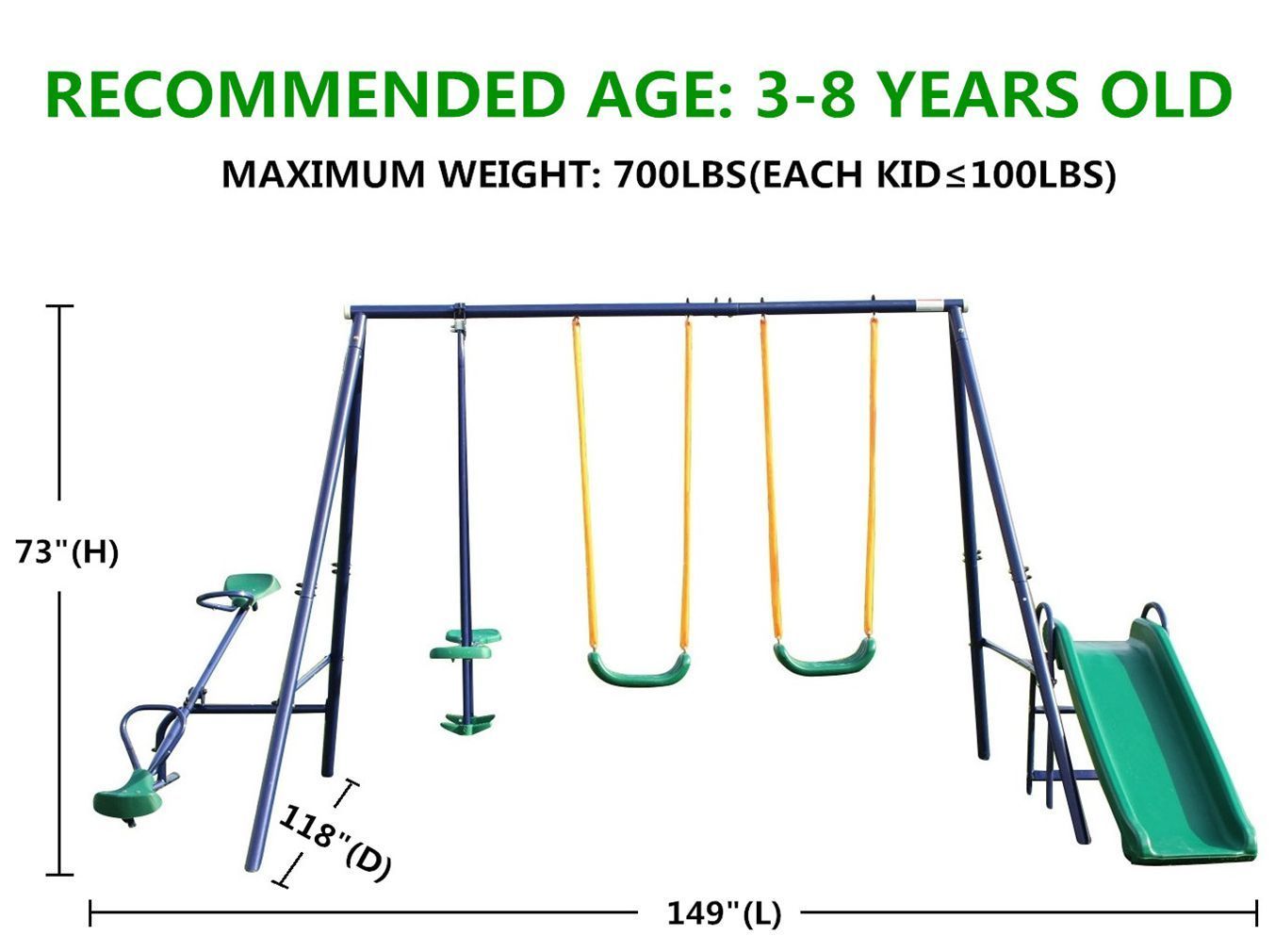 Metal Swing Set w/ Slide - Durable Outdoor Playset for Kids - Sturdy Steel Frame, Secure Swings, and Fun Slide - Available in Various Colors and Sizes