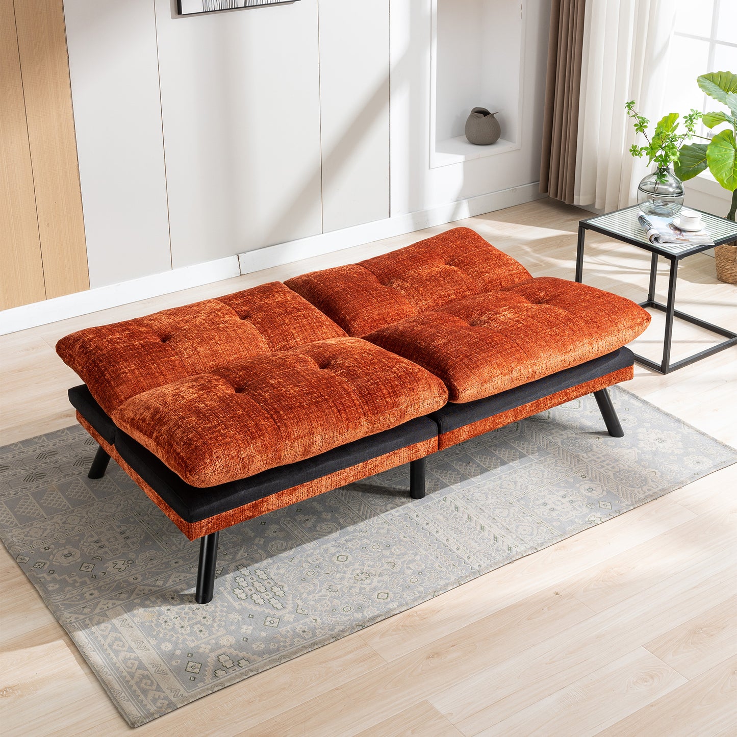 Convertible Sofa Bed Loveseat Futon Bed Breathable Adjustable Lounge Couch with Metal Legs - Compact Living Space Chenille-Orange