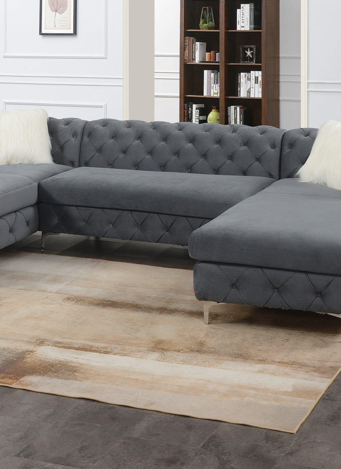 Gorgeous U-Sectional Grey Velvet Tufted Cushion Couch with Chaise and Armless Loveseat – Ideal Living Room Centerpiece