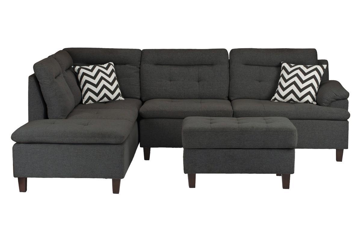 Living Room Furniture Charcoal Cushion Sectional with Ottoman - Linen Like Fabric Sofa Chaise