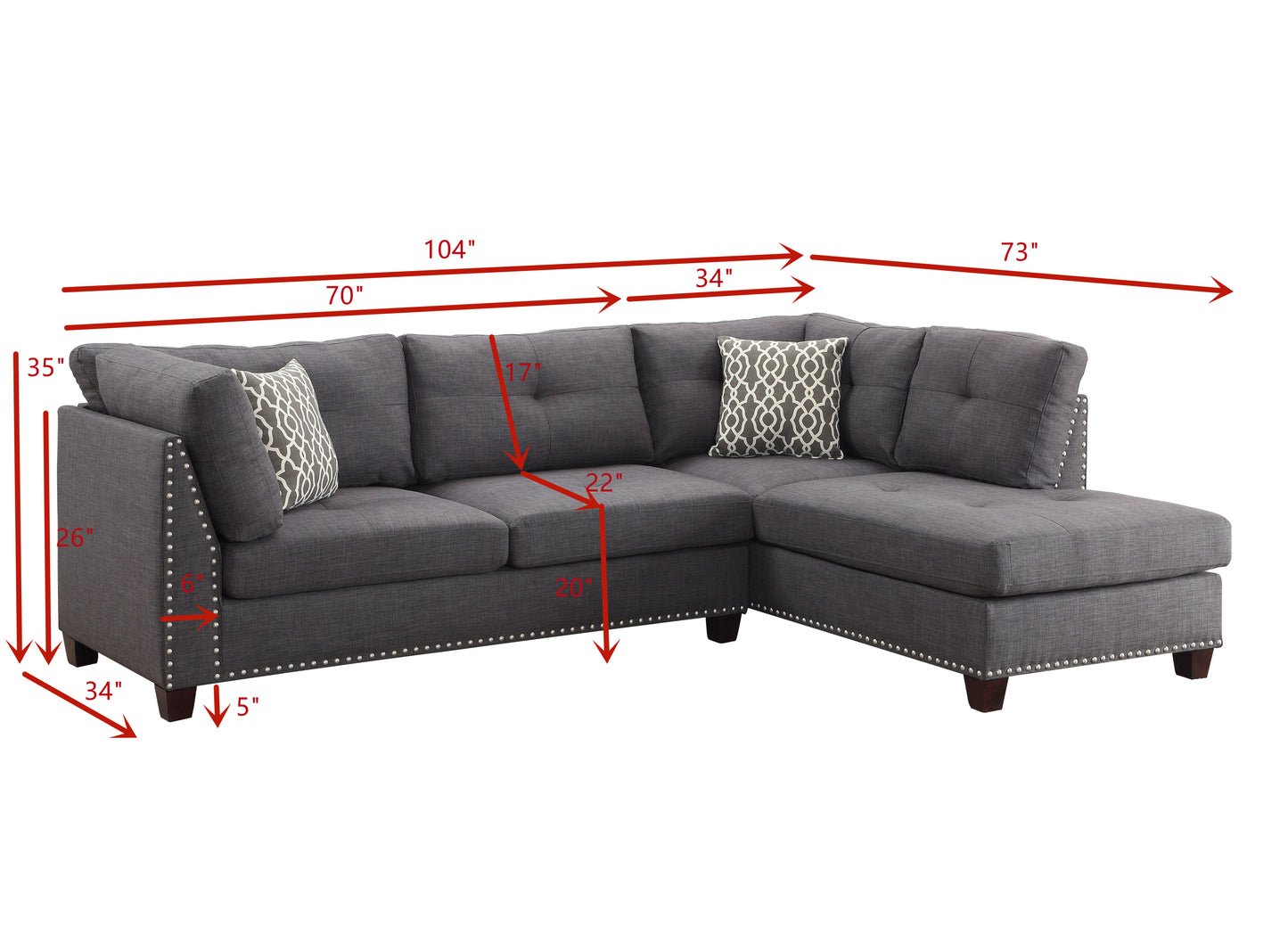 Laurissa Sectional Sofa & Ottoman: Light Charcoal Linen, 2 Pillows, 1Set/2Ctn | ACME 54385