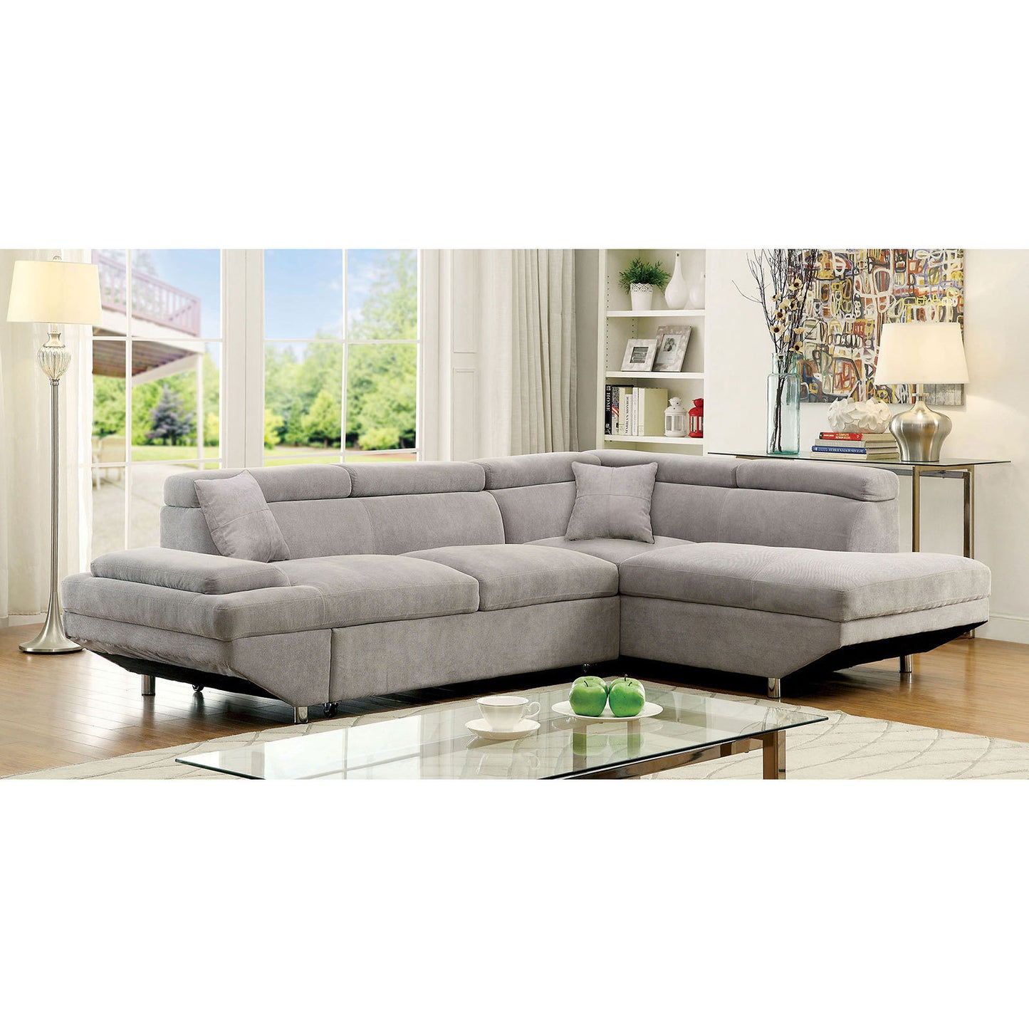 Living Room Sectional: Gray Fabric Sofa with Pull Out Bed, Storage, & Cushions
