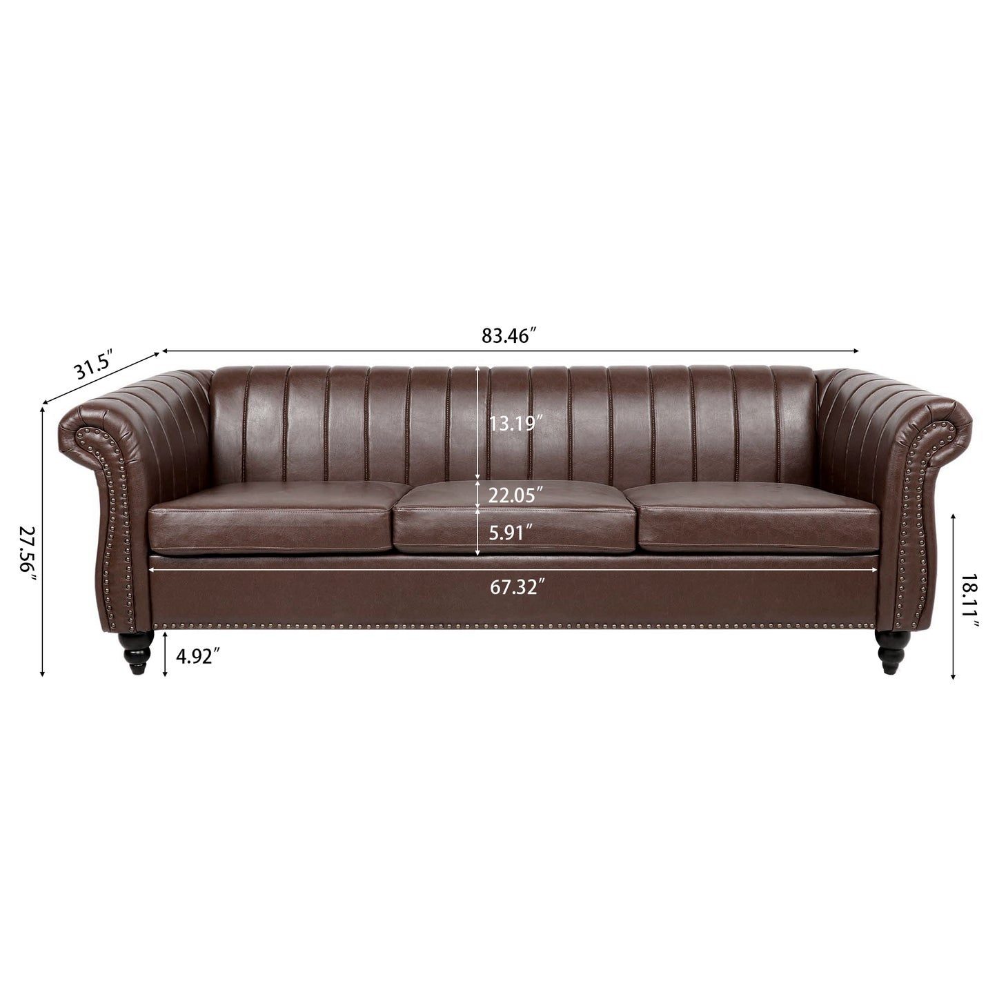 83.46'' Brown PU Rolled Arm Chesterfield Three Seater Sofa: Elegant and Spacious Upholstered Seating Solution with Classic Rolled Arms and Luxurious Brown PU Leather Finish