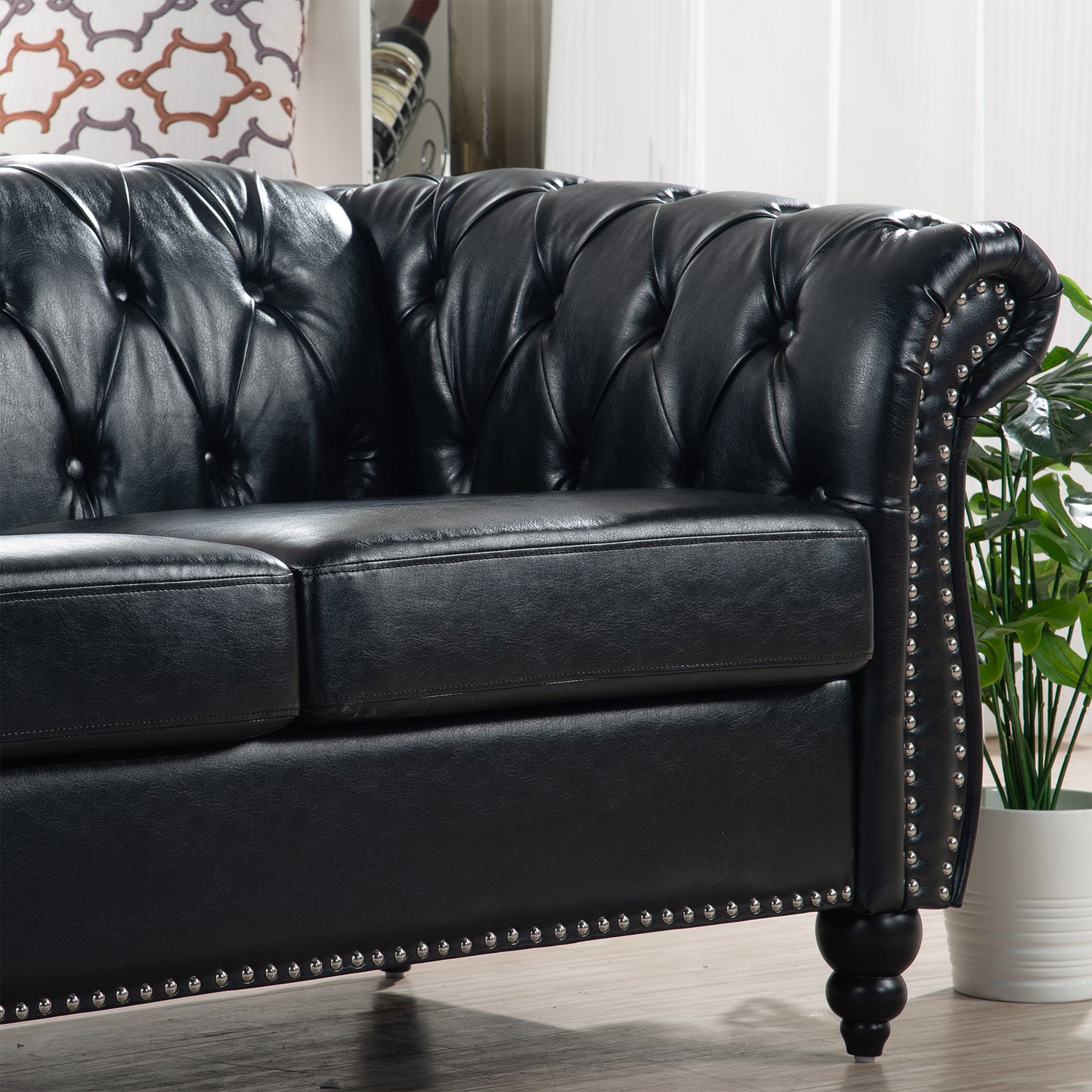 84.65" Three-Seater Sofa with Rolled Arm and Black PU Upholstery: Chesterfield Design