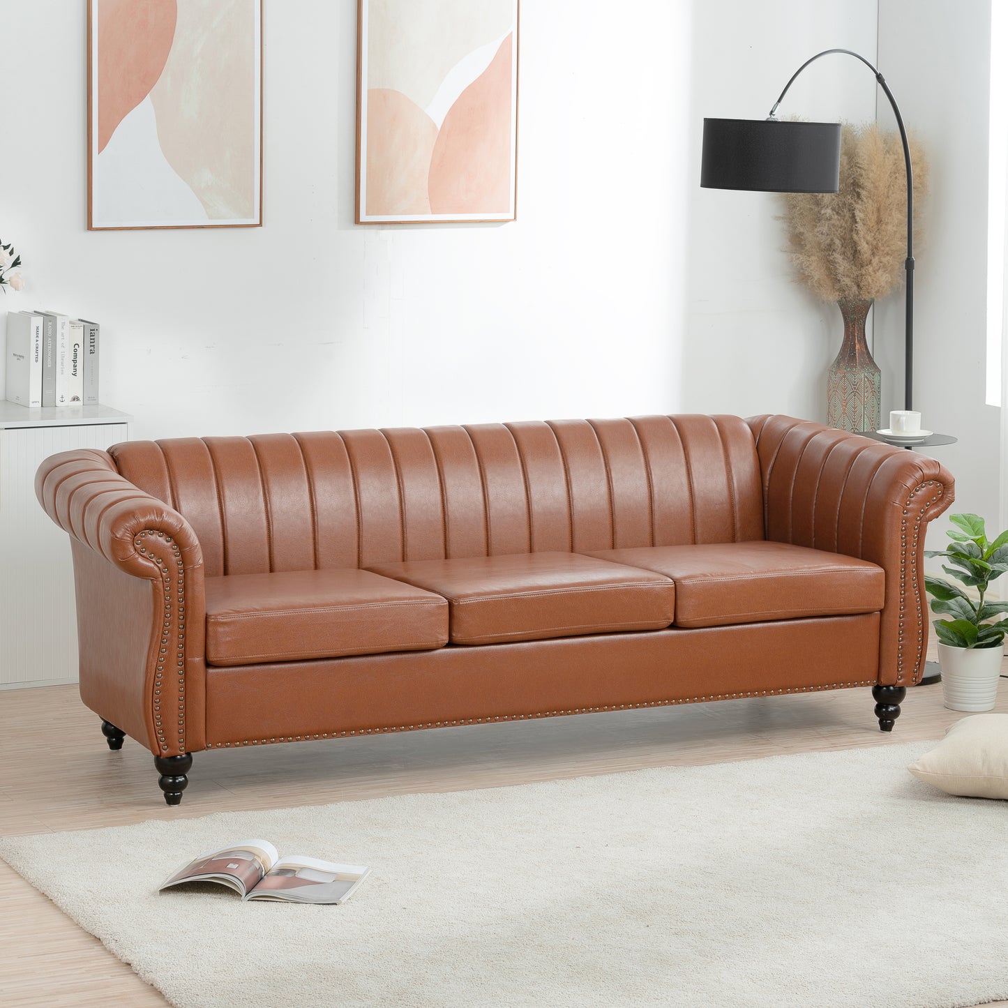 83.46" Brown PU Rolled Arm Chesterfield 3-Seater Sofa: Elegant and Spacious