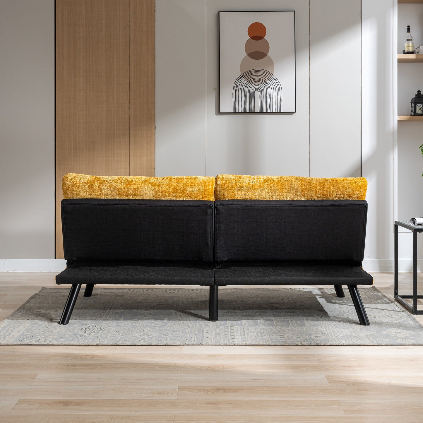 Convertible Sofa Bed Loveseat Futon Bed Adjustable Lounge Couch with Metal Legs, Breathable Chenille-Yellow. Perfect for Compact Living Spaces.