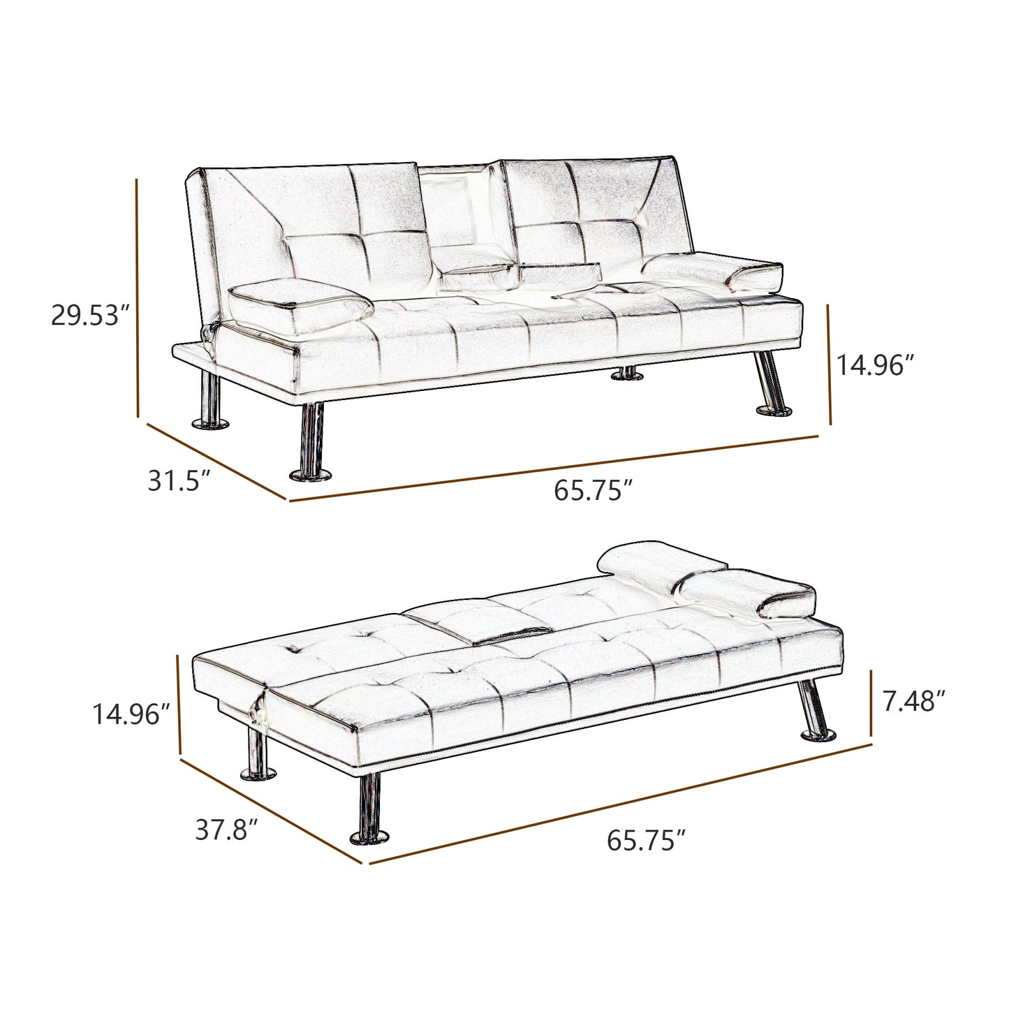 Black Faux Leather Loveseat Sofa Bed with Cup Holders - Convertible Folding Sleeper Couch Bed, Space-Saving Design - Comfortable, Durable, and Stylish - Perfect for Small Spaces - Includes Cup Holders - Black Color - Compact Size