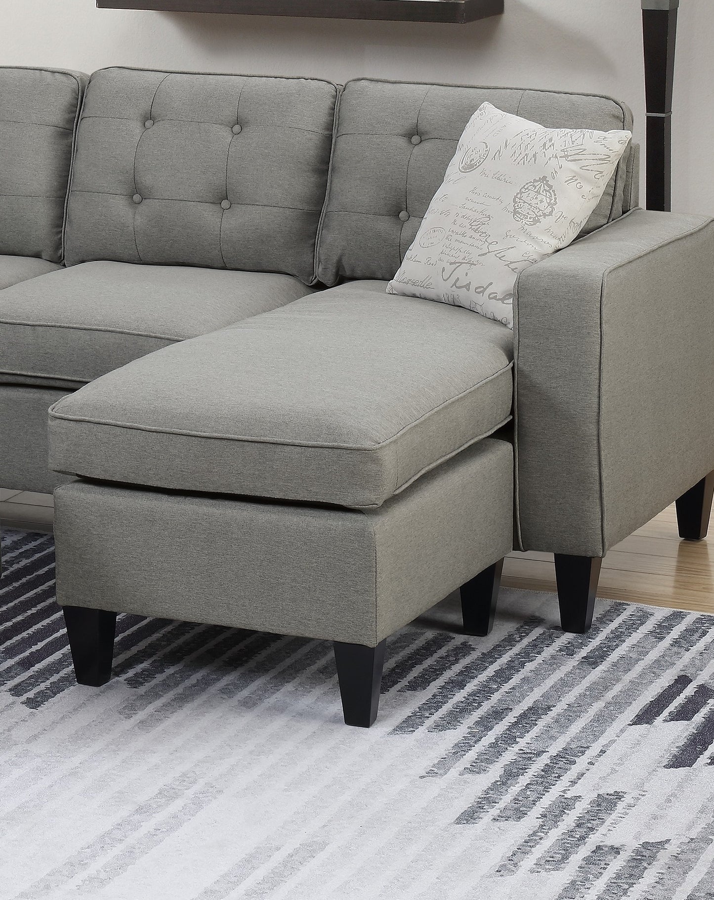 Reversible 3pc Sectional Sofa Set with Light Grey Tufted Polyfiber, Wood Legs, Chaise, Ottoman, Pillows, and Cushion Couch