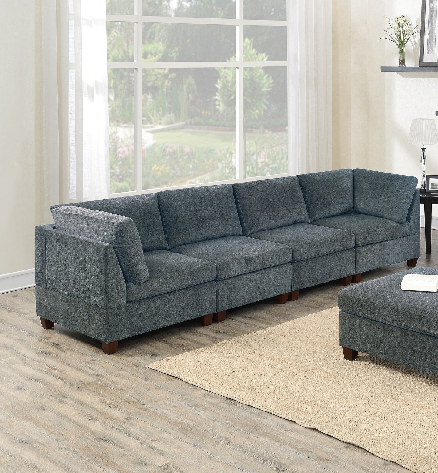 Living Room Furniture: Grey Modular Sofa Set, 8pc Large Family Couch, Modern, 4x Corner Wedge, 3x Armless Chairs, 1x Ottoman Plywood