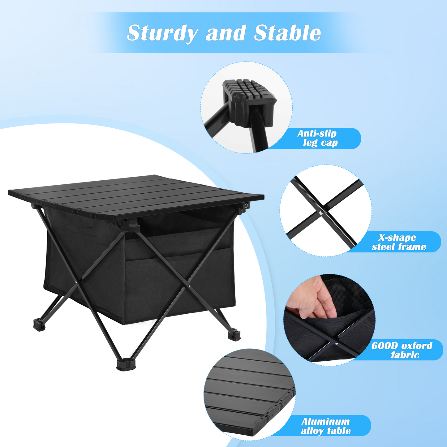 Portable Folding Aluminum Table w/ High-Capacity Storage & Carry Bag for Camping, Travel, Hiking, Fishing, Beach, BBQ - Small, Black