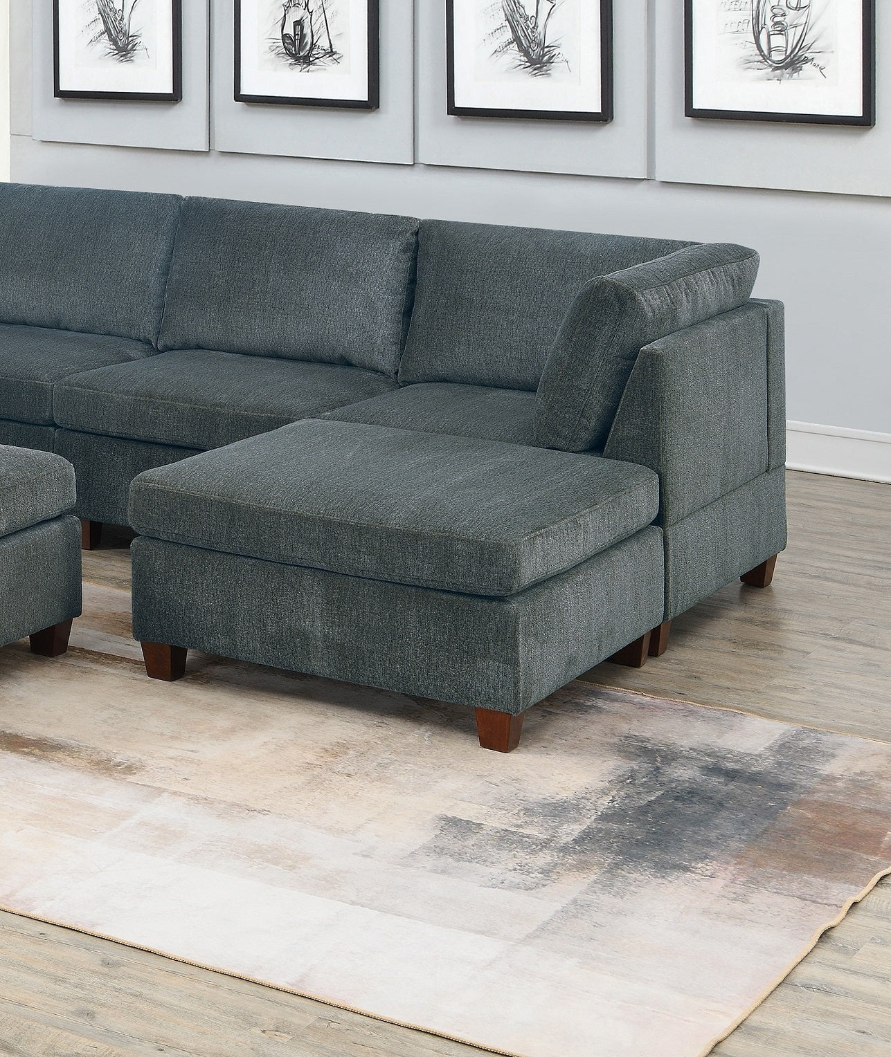 Living Room Furniture Grey Chenille Modular Sectional Set - Large Family U-Sectional Modern Couch 3x Corner Wedge 4x Armless Chairs and 2x Ottoman Plywood