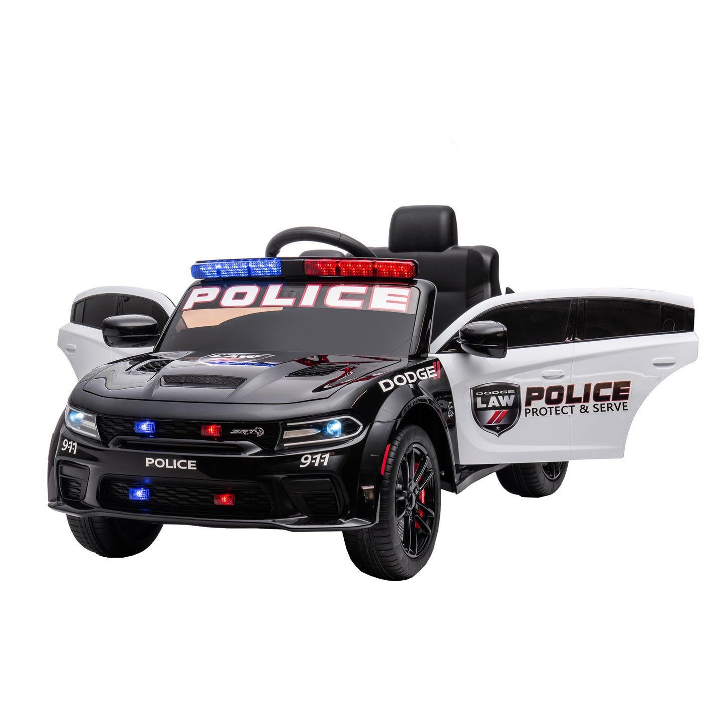 12V Licensed Dodge Charger Kids Ride On Police Car | Remote Control, Adjustable Speeds, Power Display | USB, MP3, Bluetooth, LED Lights | Four-Wheel Suspension, Slow Start | Black