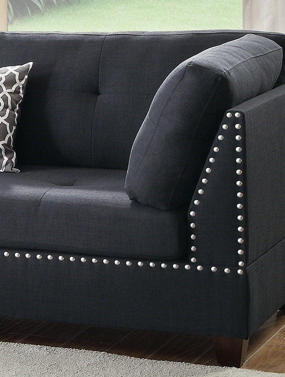 3-Pcs Black Polyfiber Sectional Sofa with Reversible Chaise & Ottoman - Cushion Sofa, Pillows Included
