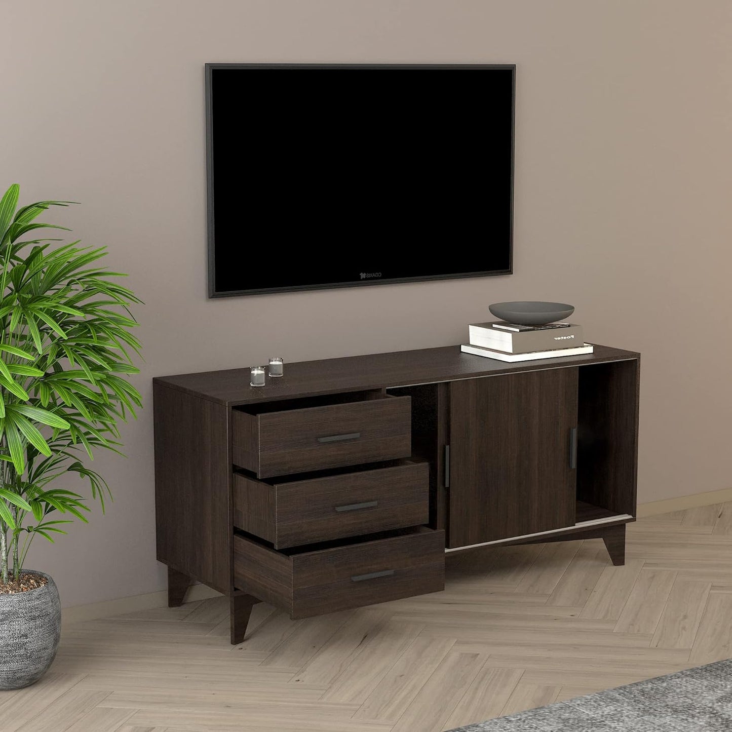Klair Living TV Stand with Sliding Doors and Drawers in Dark Brown