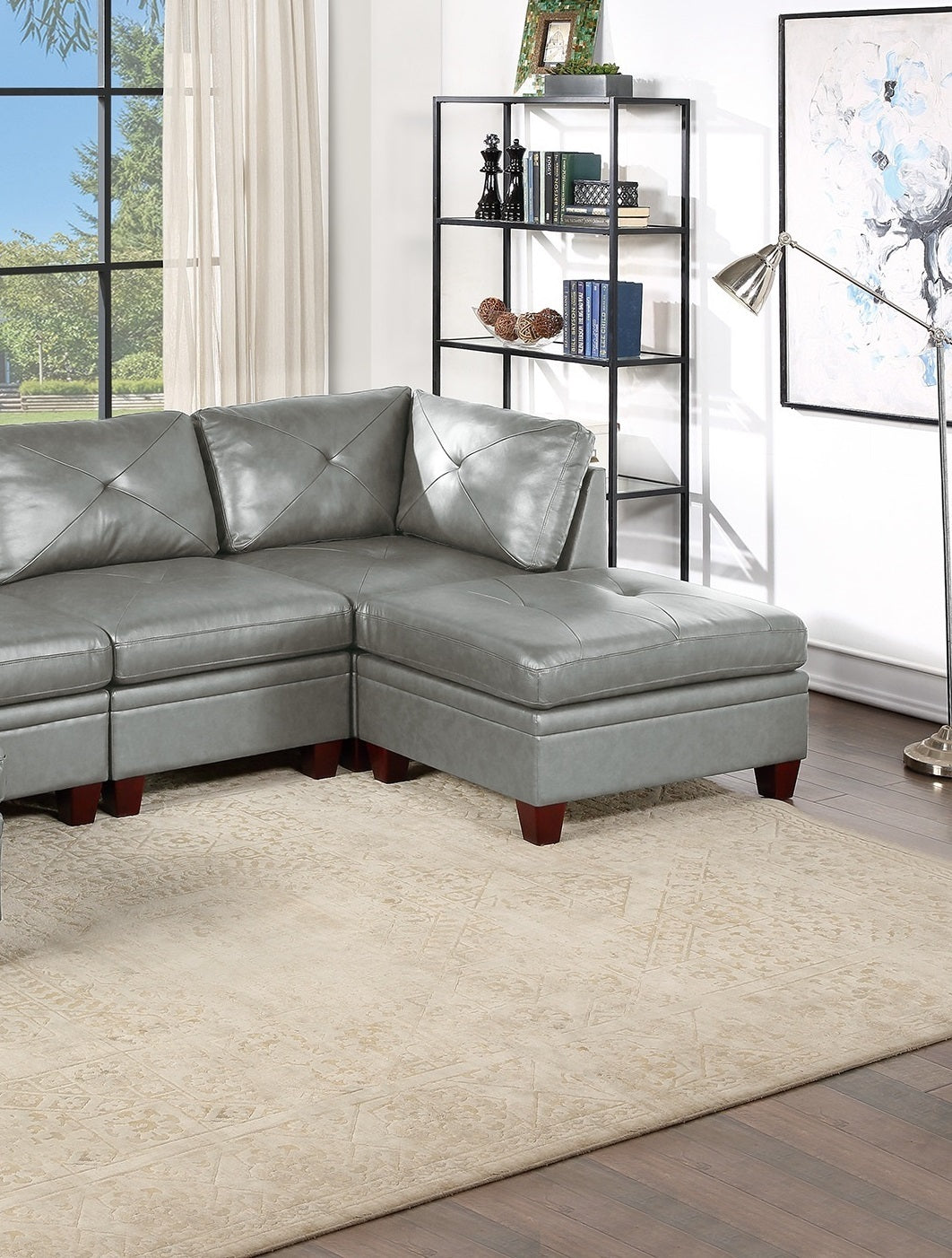 Genuine Leather Sectional Sofa Chair Ottomans 6pc Set - Grey Tufted Couch, Living Room Furniture