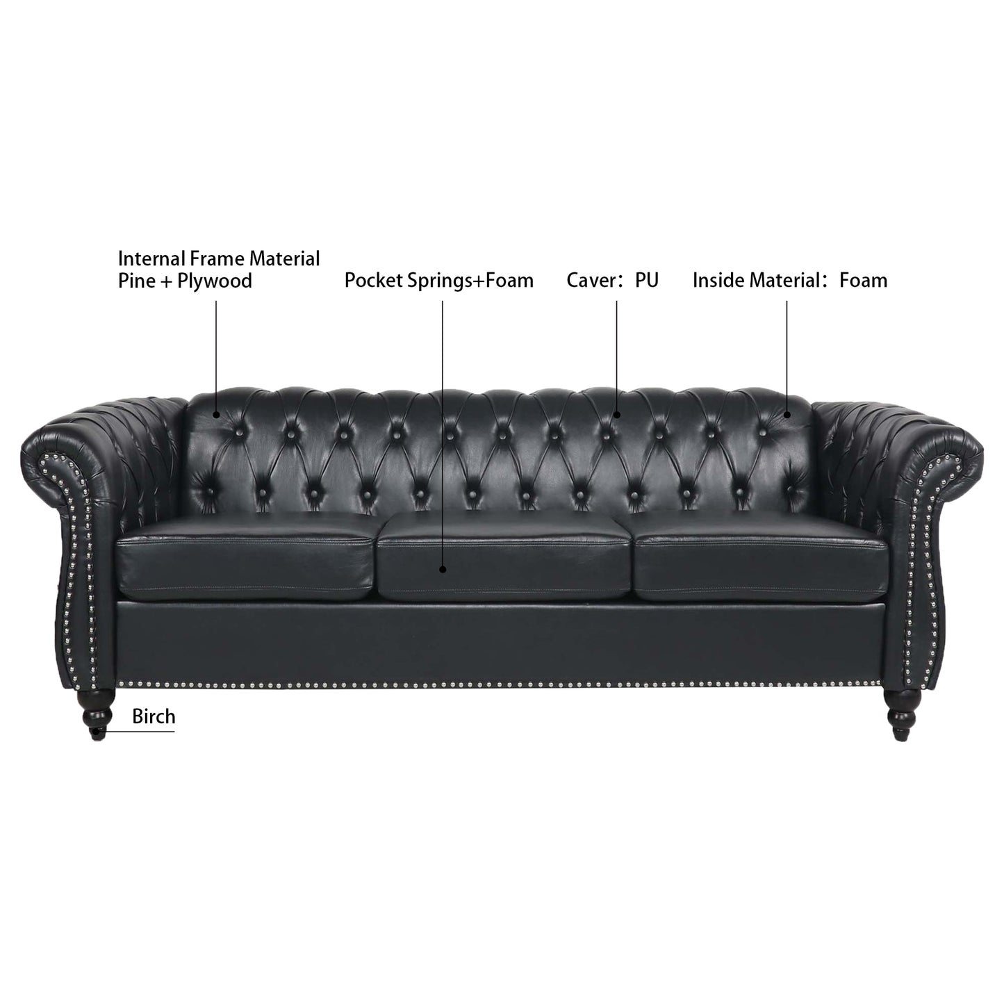 84.65" Three-Seater Sofa with Rolled Arm and Black PU Upholstery: Chesterfield Design