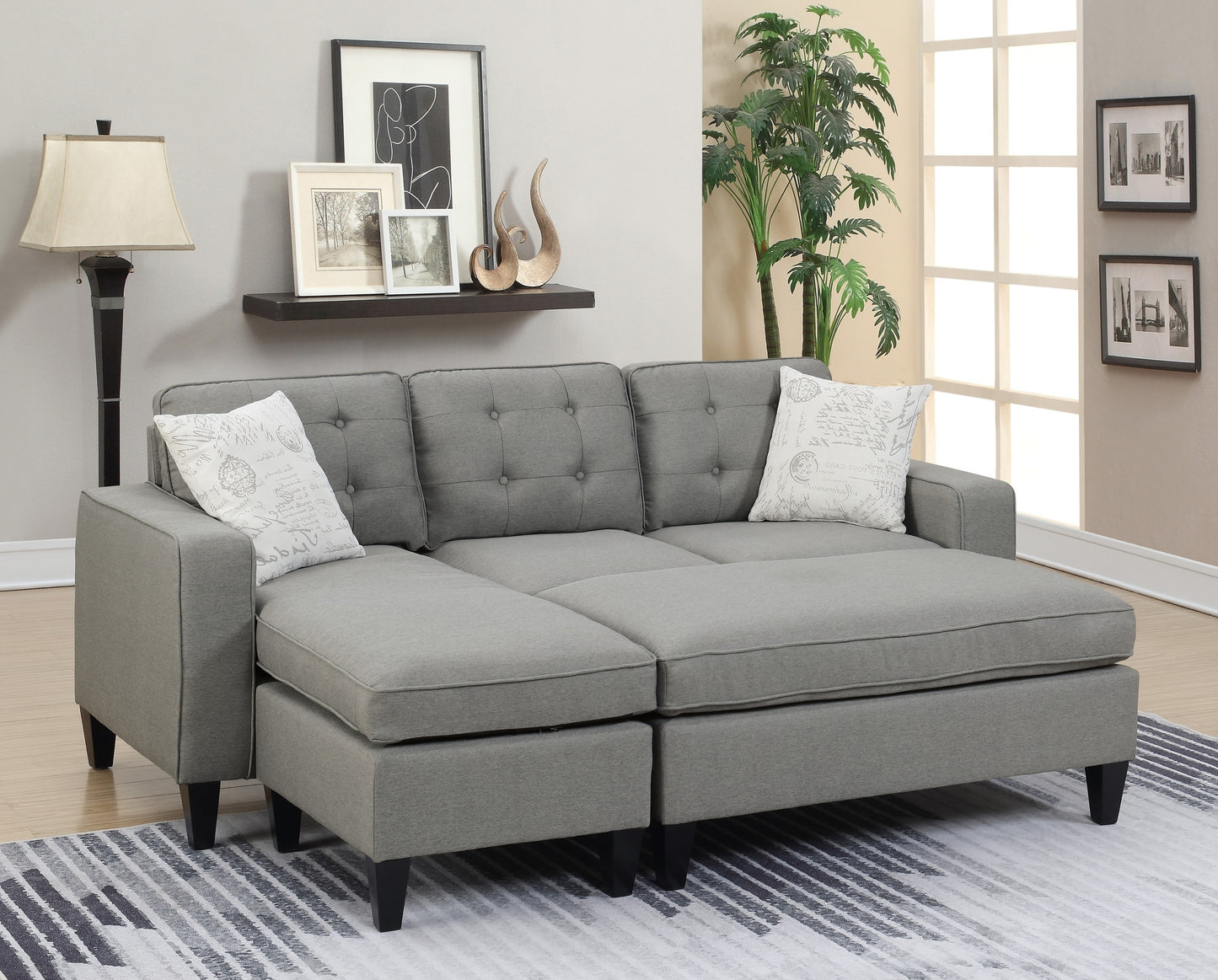 Reversible 3pc Sectional Sofa Set with Light Grey Tufted Polyfiber, Wood Legs, Chaise, Ottoman, Pillows, and Cushion Couch