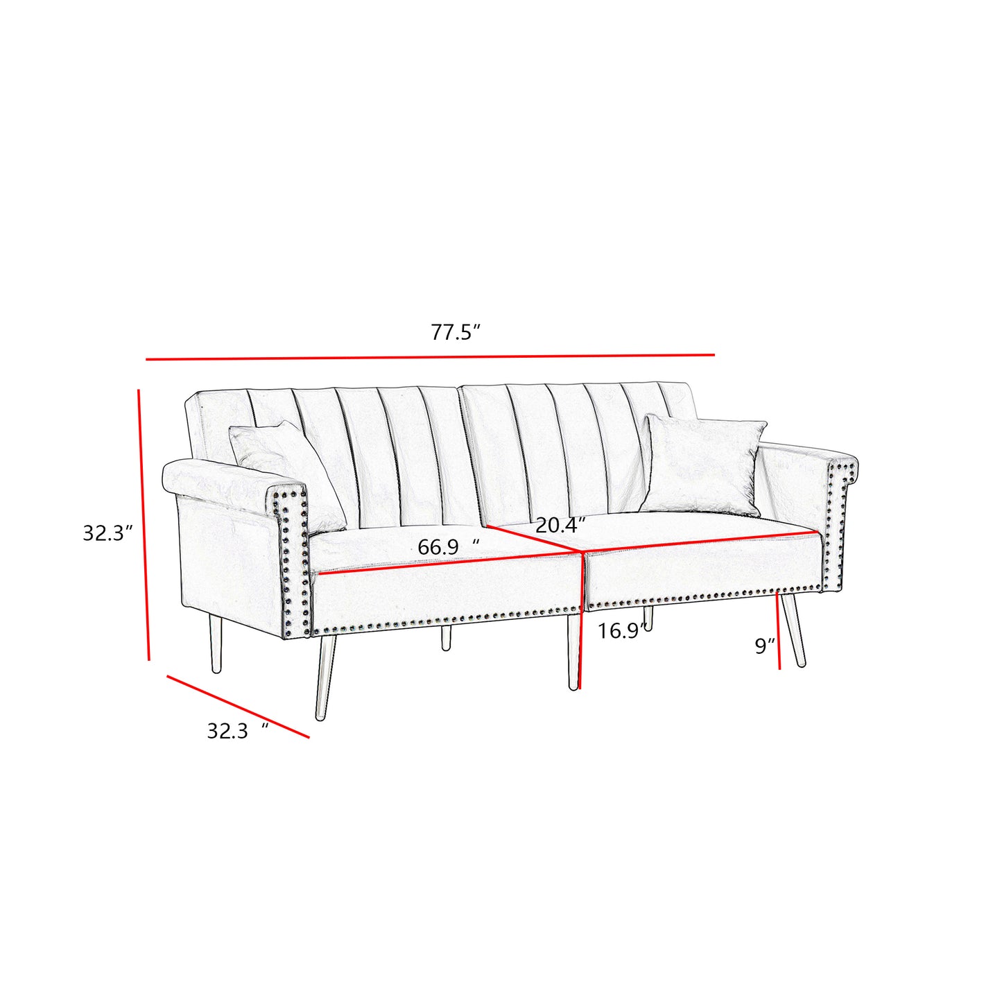 Grey Velvet Loveseat Sofa Bed - Comfortable and Stylish Convertible Furniture for Small Spaces - Queen Size Sleeper Sofa with Soft Velvet Upholstery
