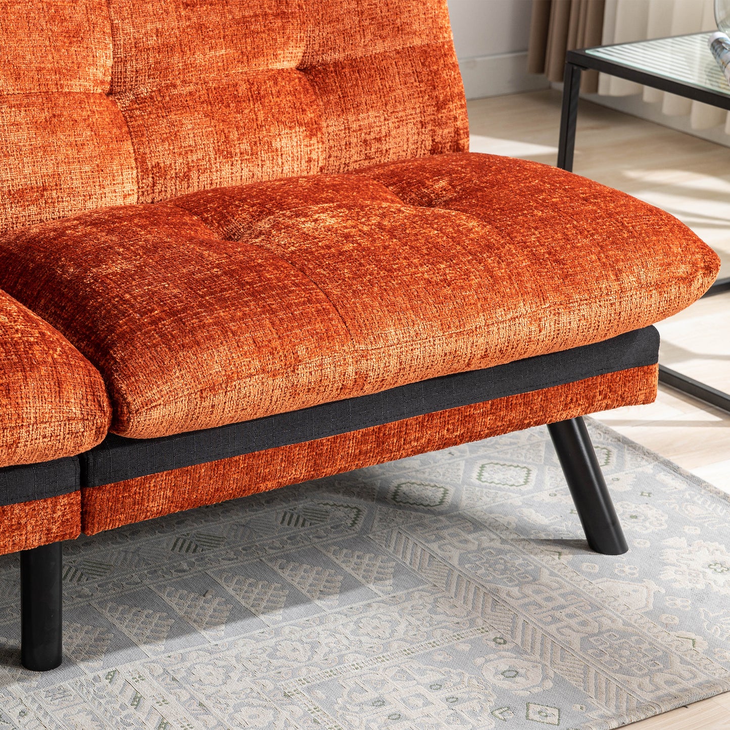 Convertible Sofa Bed Loveseat Futon Bed Breathable Adjustable Lounge Couch with Metal Legs - Compact Living Space Chenille-Orange