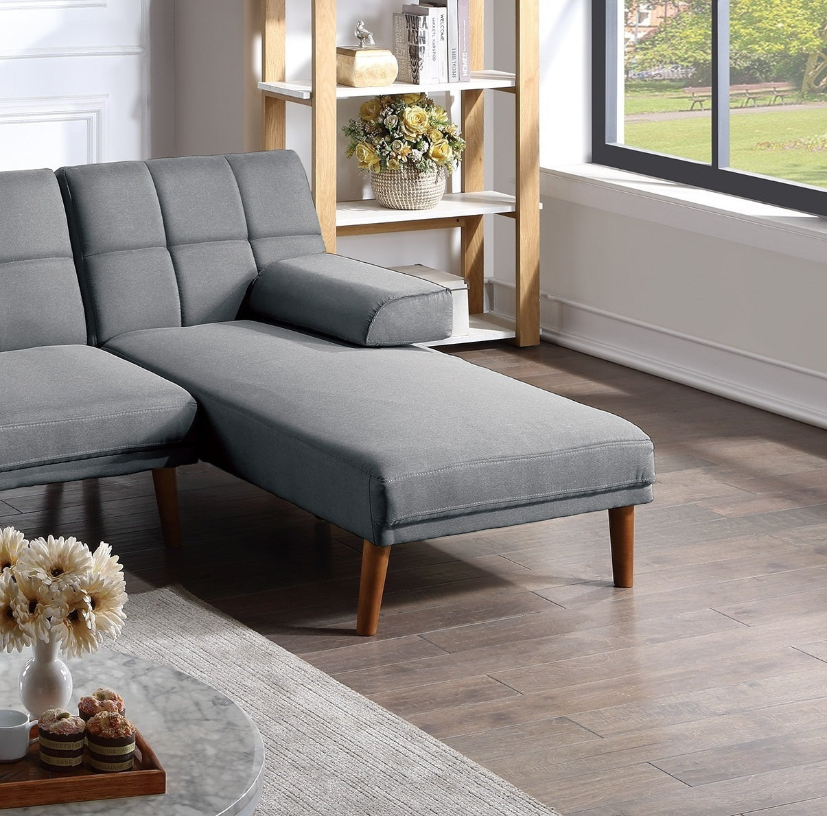 Blue Grey Polyfiber 2pc Sectional Sofa Set: Solid Wood Legs, Tufted Couch, Adjustable Sofa Chaise