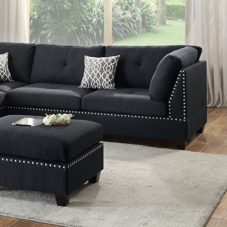 3-Pcs Black Polyfiber Sectional Sofa with Reversible Chaise & Ottoman - Cushion Sofa, Pillows Included