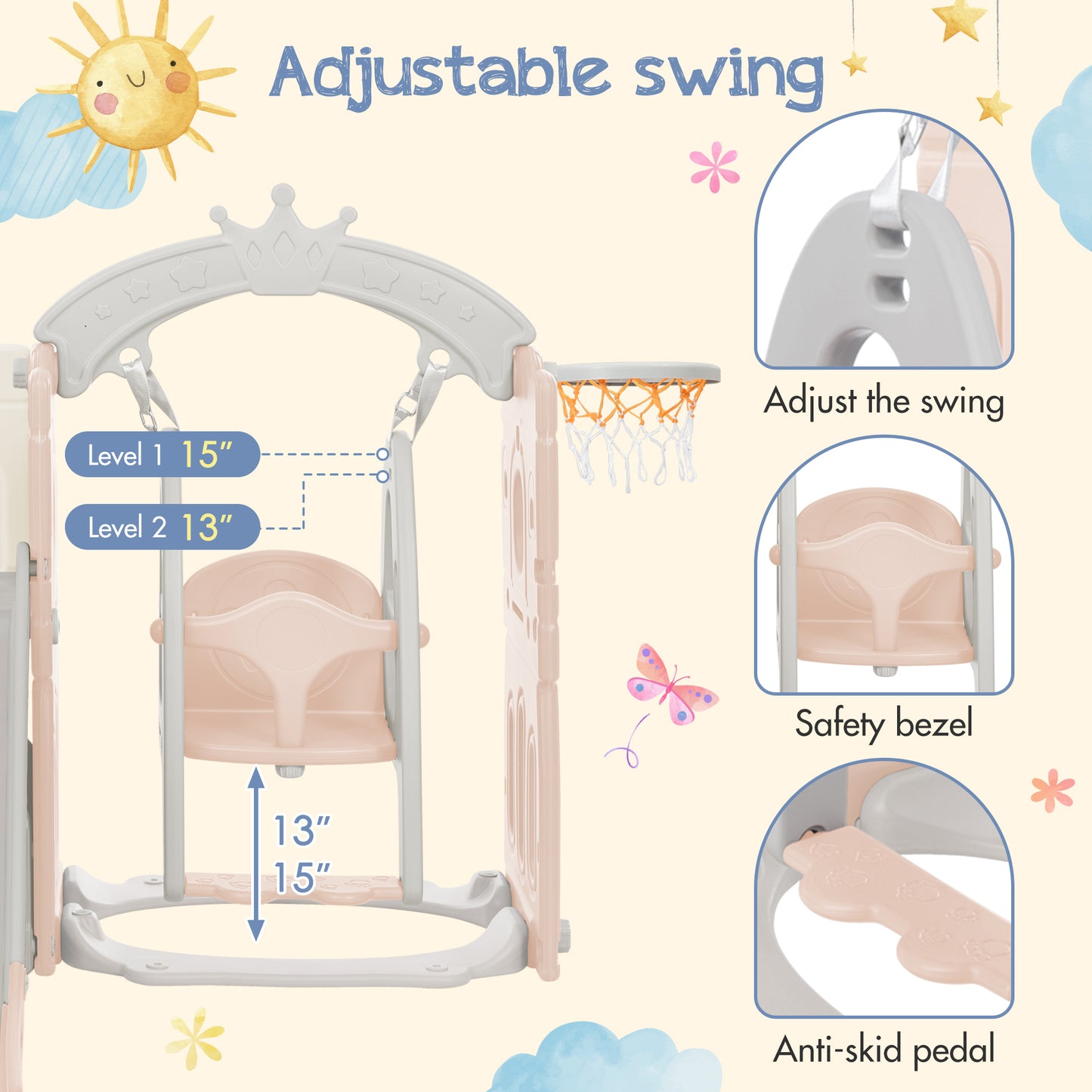 Toddler Slide and Swing Set 5 in 1: Freestanding Kids Playground Climber Slide Playset with Basketball Hoop for Indoor & Outdoor Fun, Perfect for Babies - Multi-Color & Size Options Available