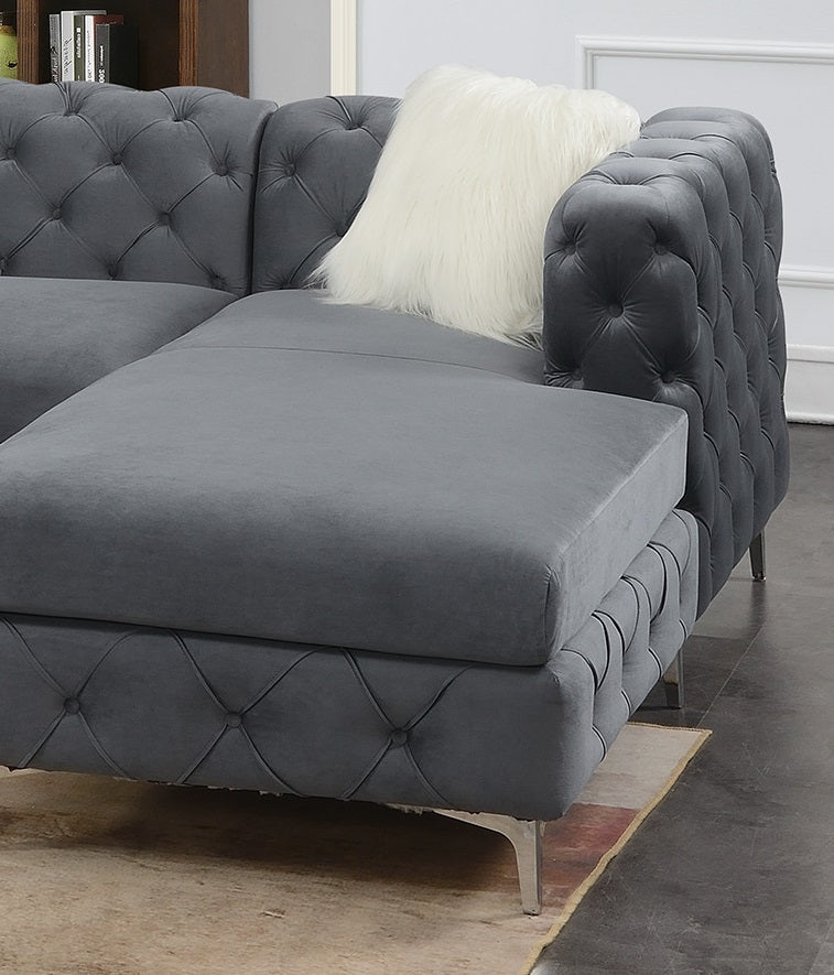 Gorgeous U-Sectional Grey Velvet Tufted Cushion Couch with Chaise and Armless Loveseat – Ideal Living Room Centerpiece