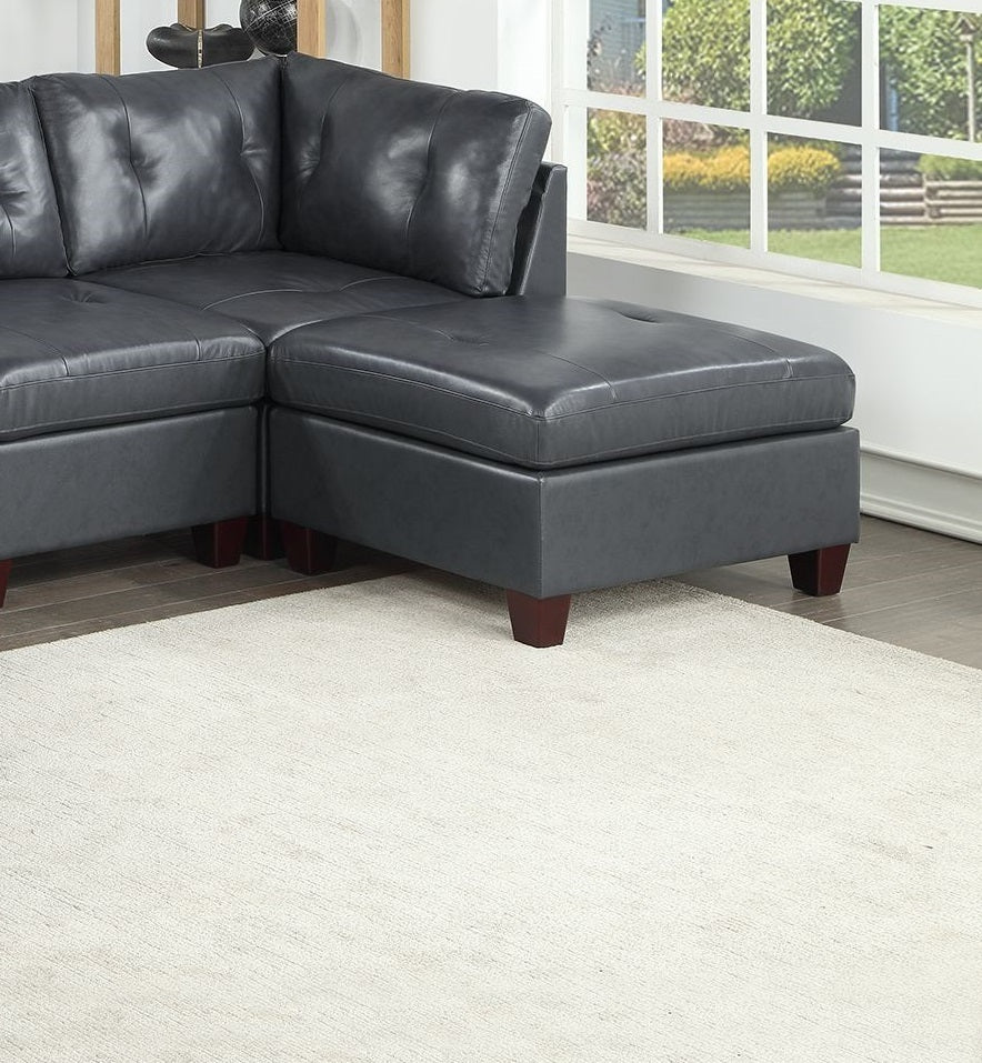 Genuine Leather Black Tufted 6pc Sectional Set - Corner Wedge, Armless Chair, Ottomans - Living Room Furniture Sofa Couch