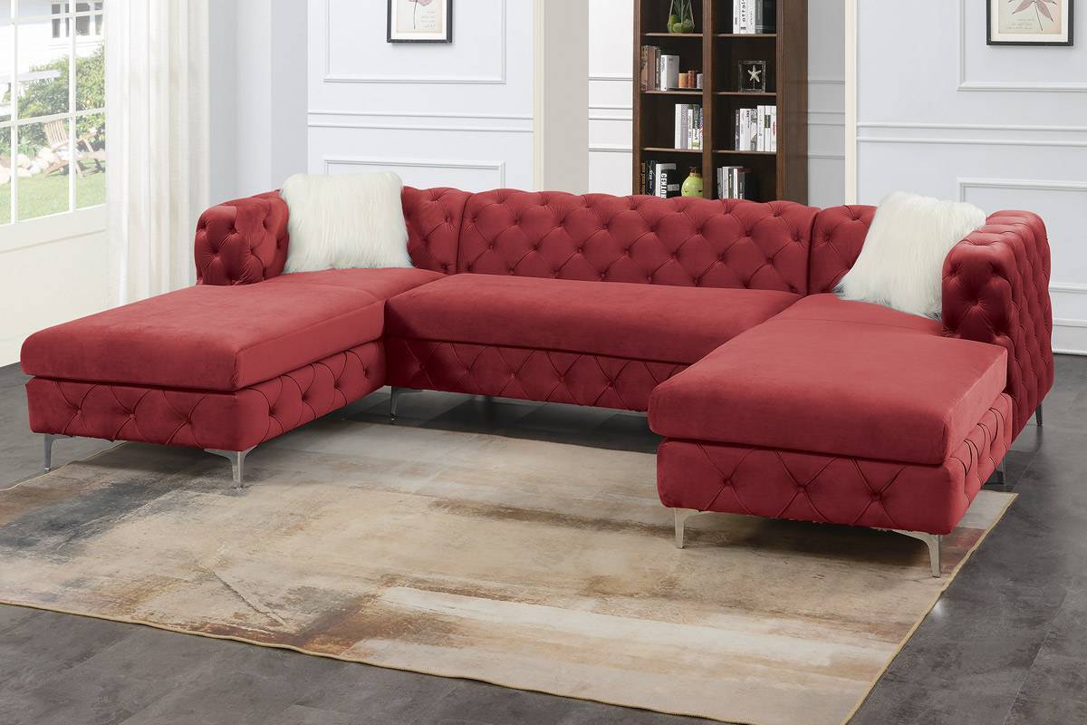 Gorgeous Living Room U-Sectional Burgundy Velvet Tufted Cushion Couch LAF and RAF Chaise Armless Loveseat: Luxurious Velvet U-Sectional Couch with Tufted Cushions and Armless Loveseat in Burgundy Color