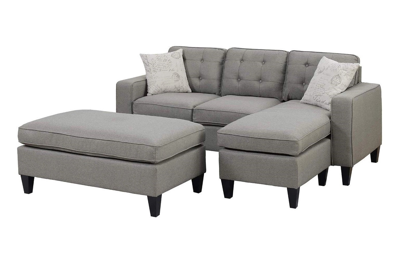 Reversible 3pc Sectional Sofa Set with Light Grey Tufted Polyfiber, Wood Legs, Chaise, Ottoman, Pillows, and Cushion Couch