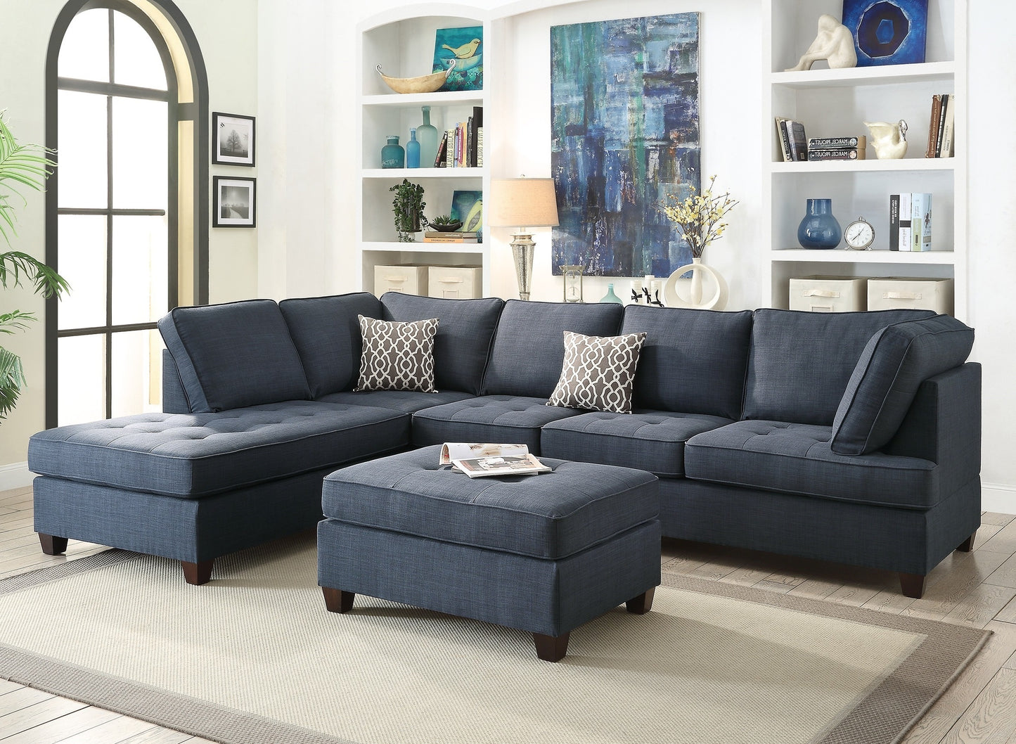 2pc Reversible Chaise Dark Blue Dorris Fabric Sectional Sofa Set: Living Room Furniture Couch