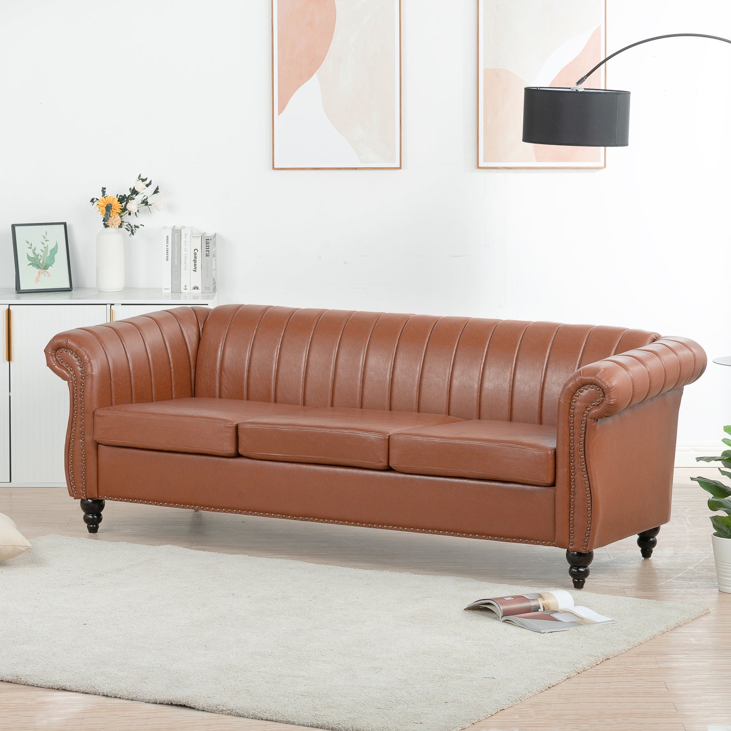 83.46" Brown PU Rolled Arm Chesterfield 3-Seater Sofa: Elegant and Spacious