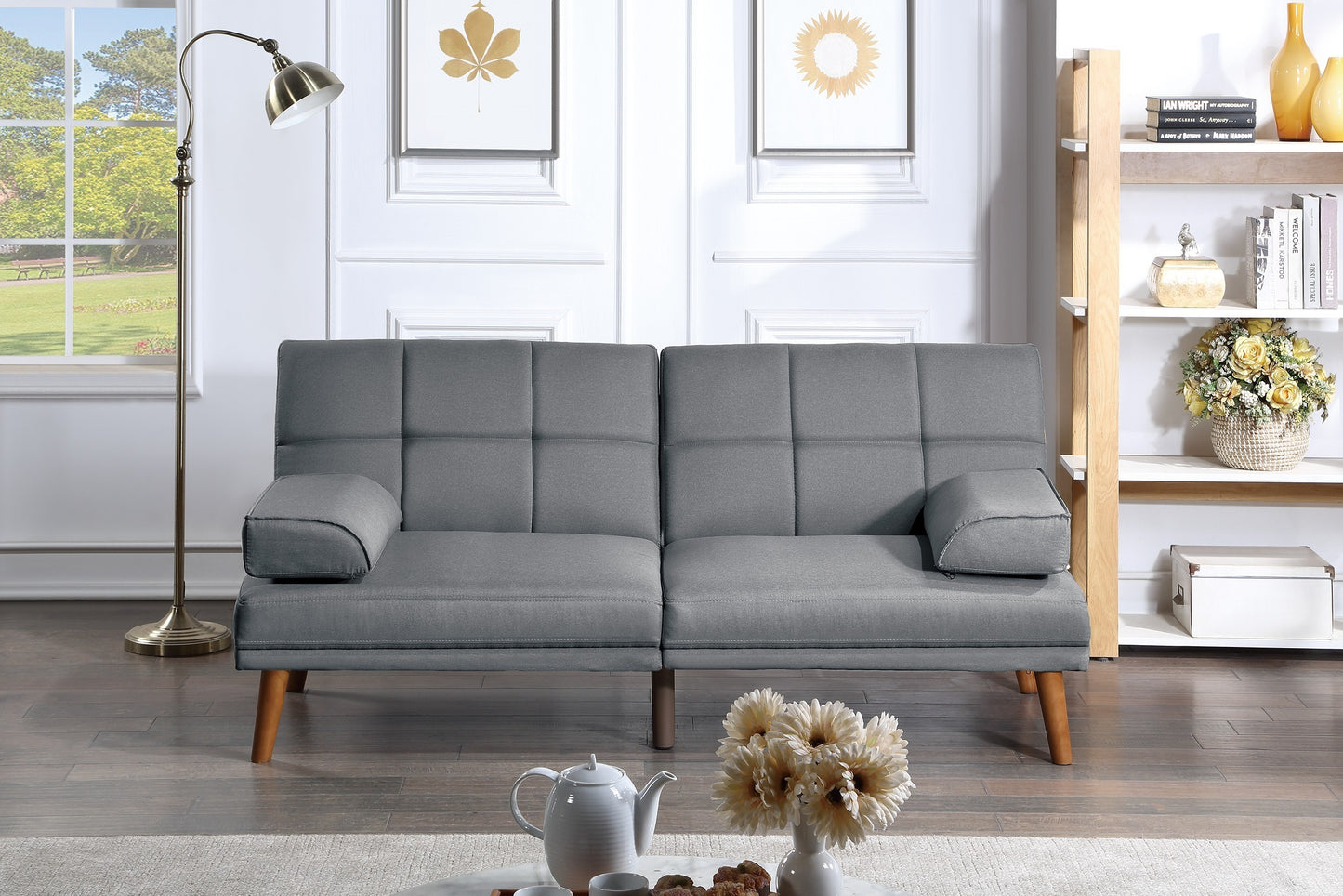 Blue Grey Polyfiber 2pc Sectional Sofa Set: Solid Wood Legs, Tufted Couch, Adjustable Sofa Chaise
