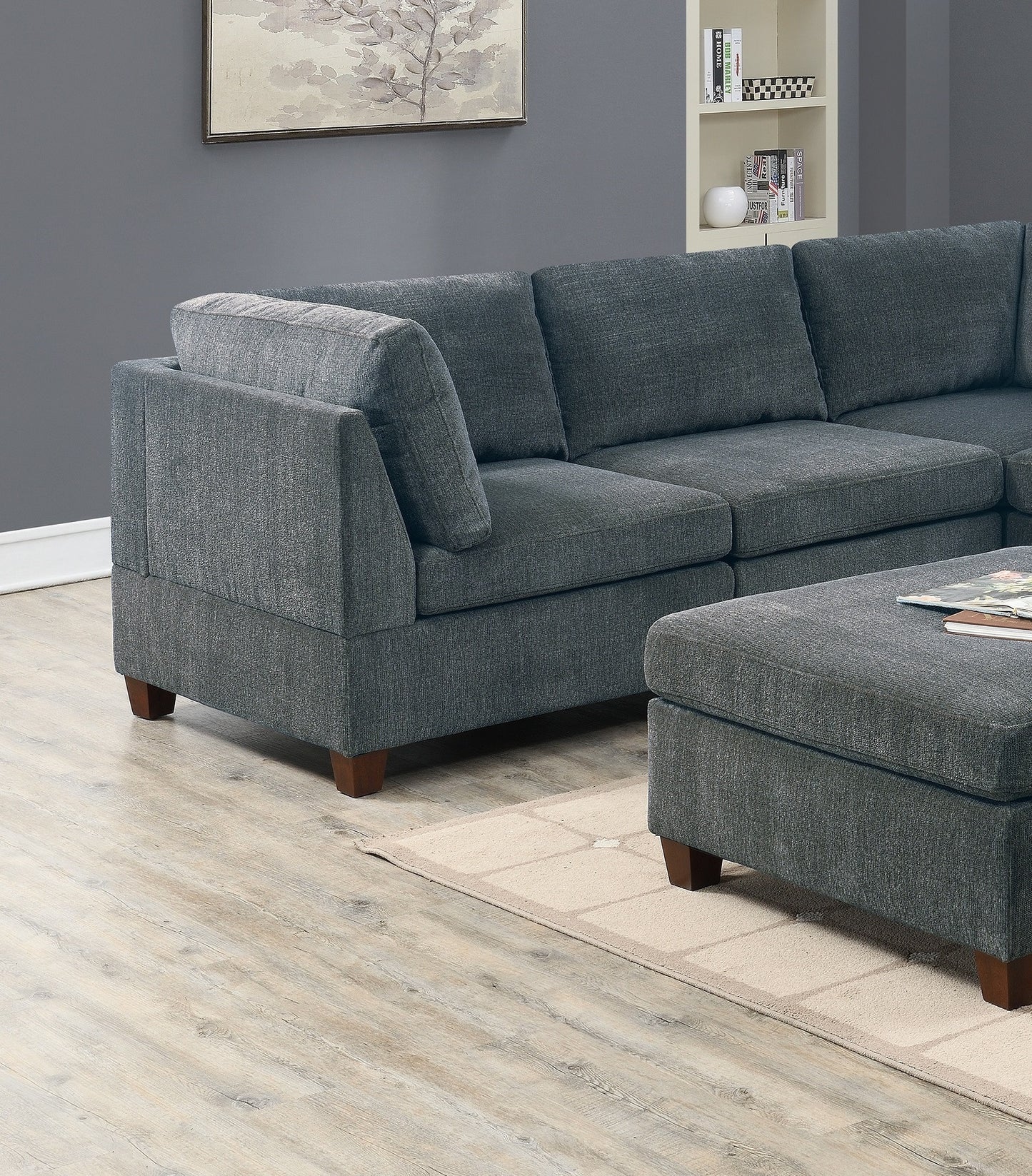 Grey Chenille Modular Sectional 6pc Set Corner Sectional Modern Couch 3x Corner Wedge 2x Armless Chairs and 1x Ottoman Plywood