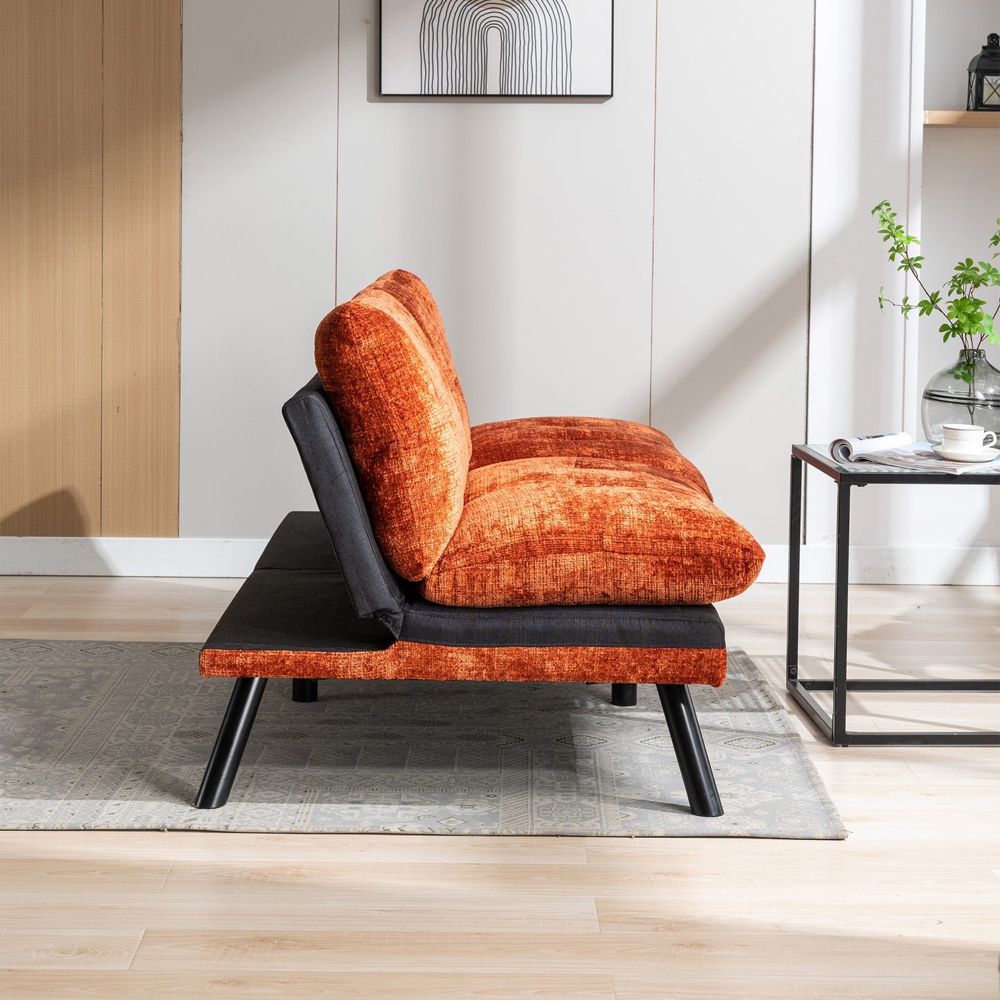 Convertible Sofa Bed Loveseat Futon Bed Breathable Adjustable Lounge Couch with Metal Legs - Compact Living Space Chenille-Orange