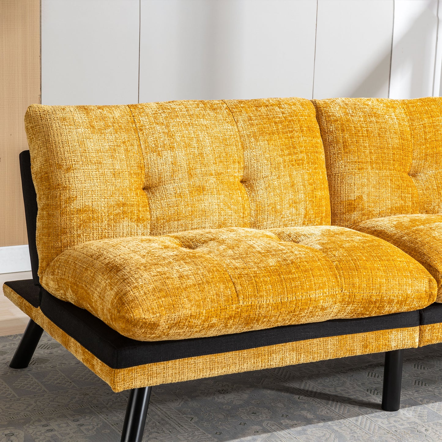 Convertible Sofa Bed Loveseat Futon Bed Adjustable Lounge Couch with Metal Legs, Breathable Chenille-Yellow. Perfect for Compact Living Spaces.